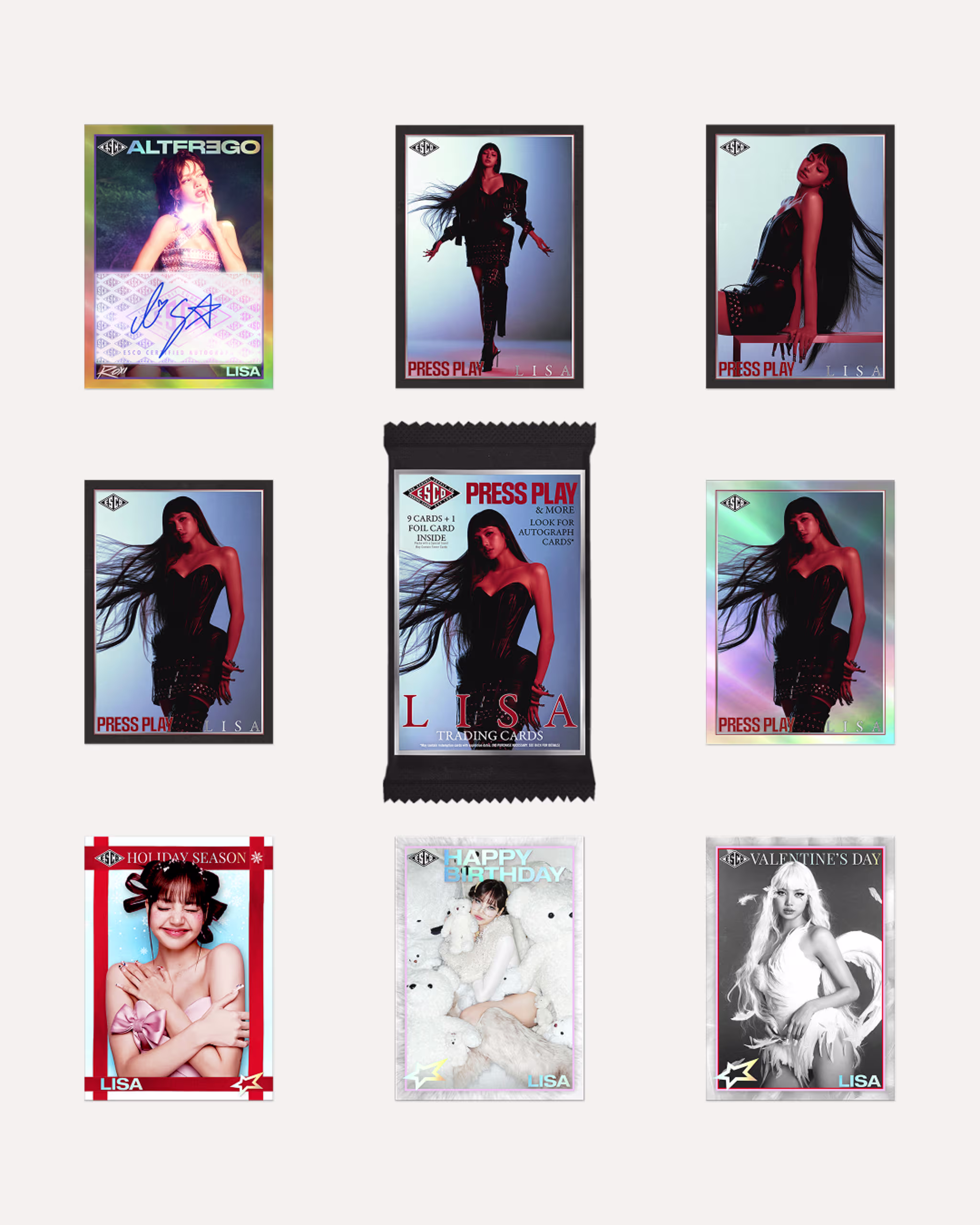 A collection of trading cards featuring Lisa from BLACKPINK in various poses and outfits, with themes like holiday and birthday.