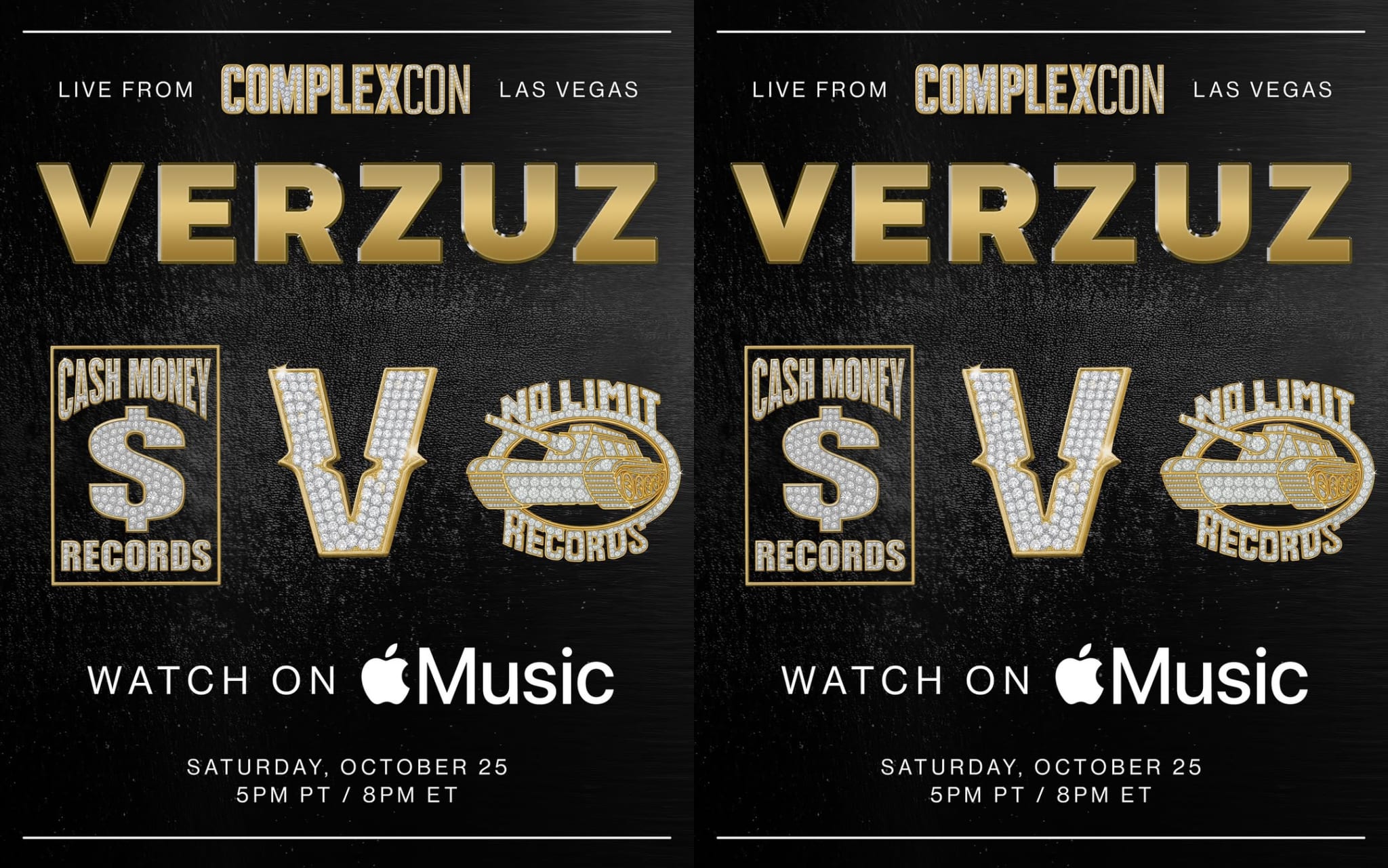 Promotional poster for VERZUZ at ComplexCon, Las Vegas, featuring Cash Money Records vs. No Limit Records. Watch on Apple Music.
