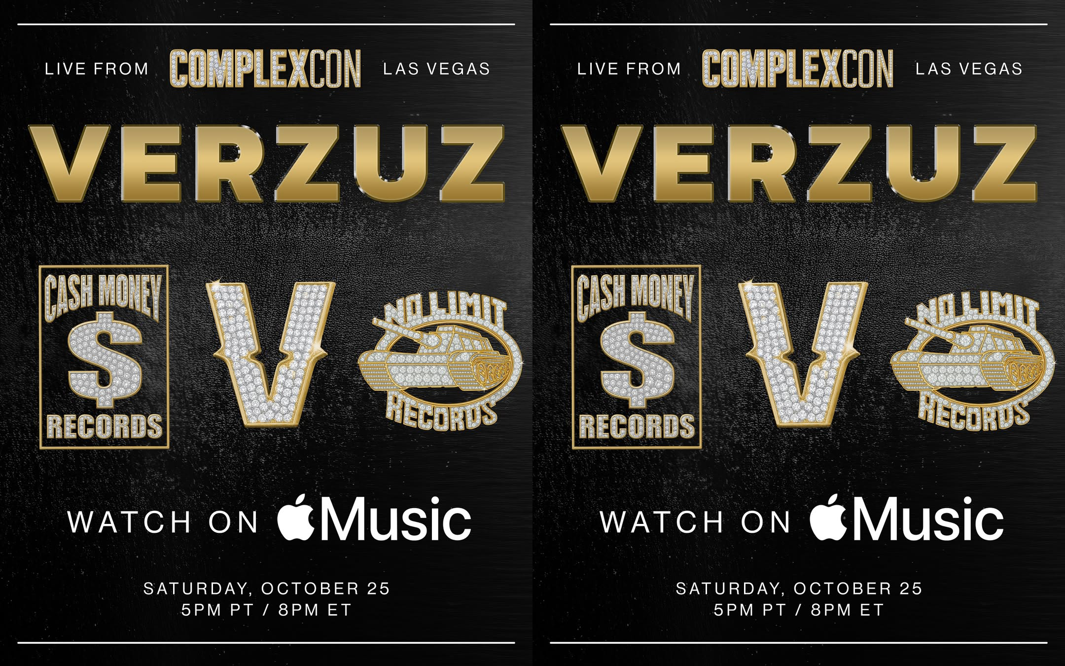 Promotional poster for VERZUZ at ComplexCon, Las Vegas, featuring Cash Money Records vs. No Limit Records. Watch on Apple Music.