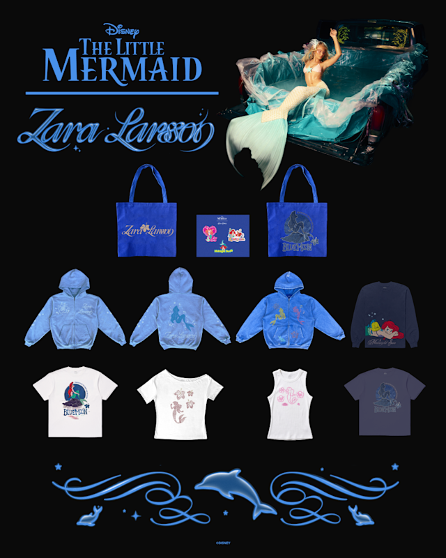 Promotional image for "The Little Mermaid" x Zara Larsson collaboration. Features merchandise like hoodies, tote bags, and T-shirts.