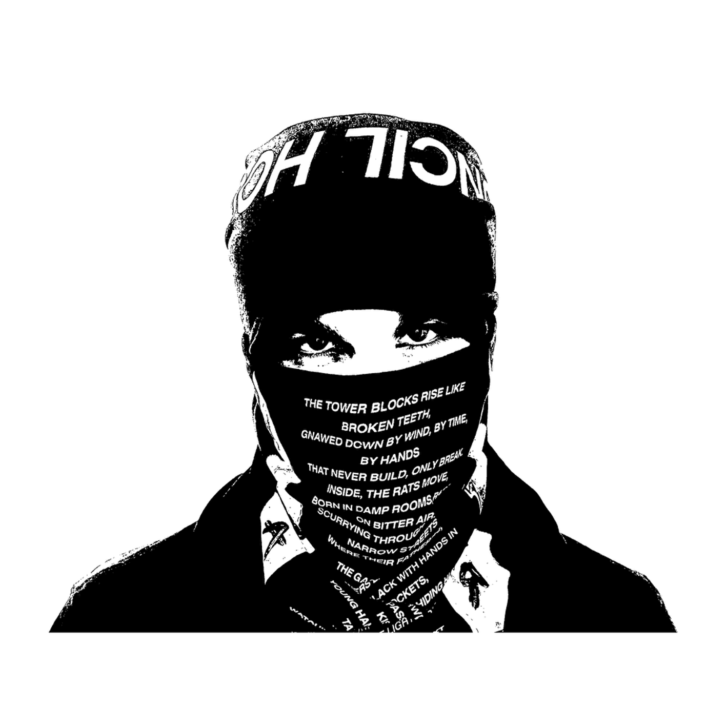 A person wearing a beanie and a bandana covering the lower face, with text about tower blocks and urban decay. Black and white image.