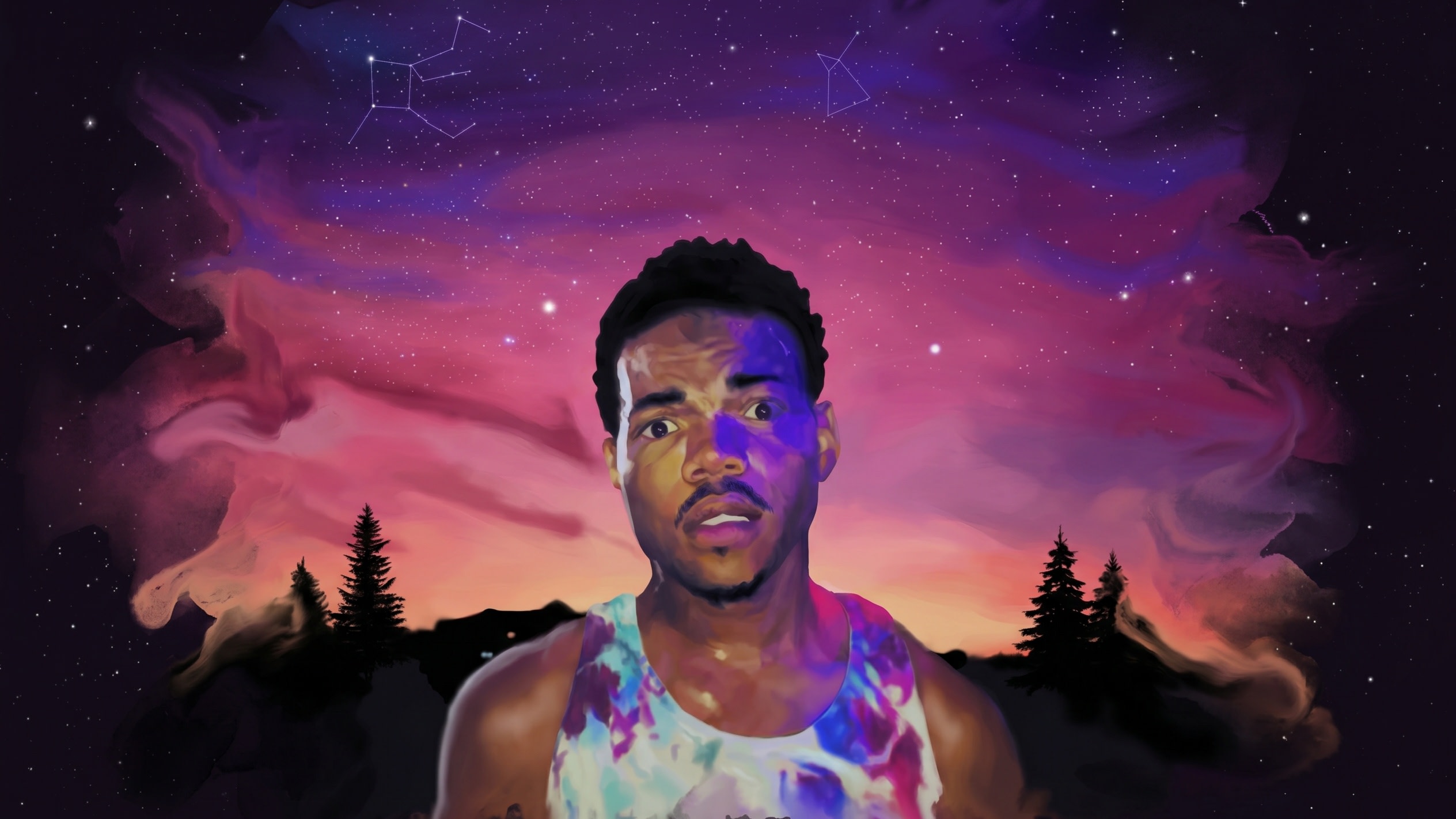 A colorful digital portrait of a man in a tie-dye shirt against a starry night sky with constellations, trees silhouetted below.
