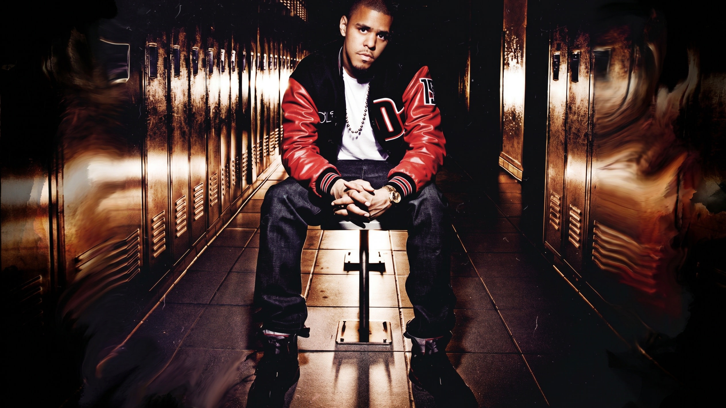 A man in a red and black varsity jacket sits on a bench in a dimly lit hallway with lockers.