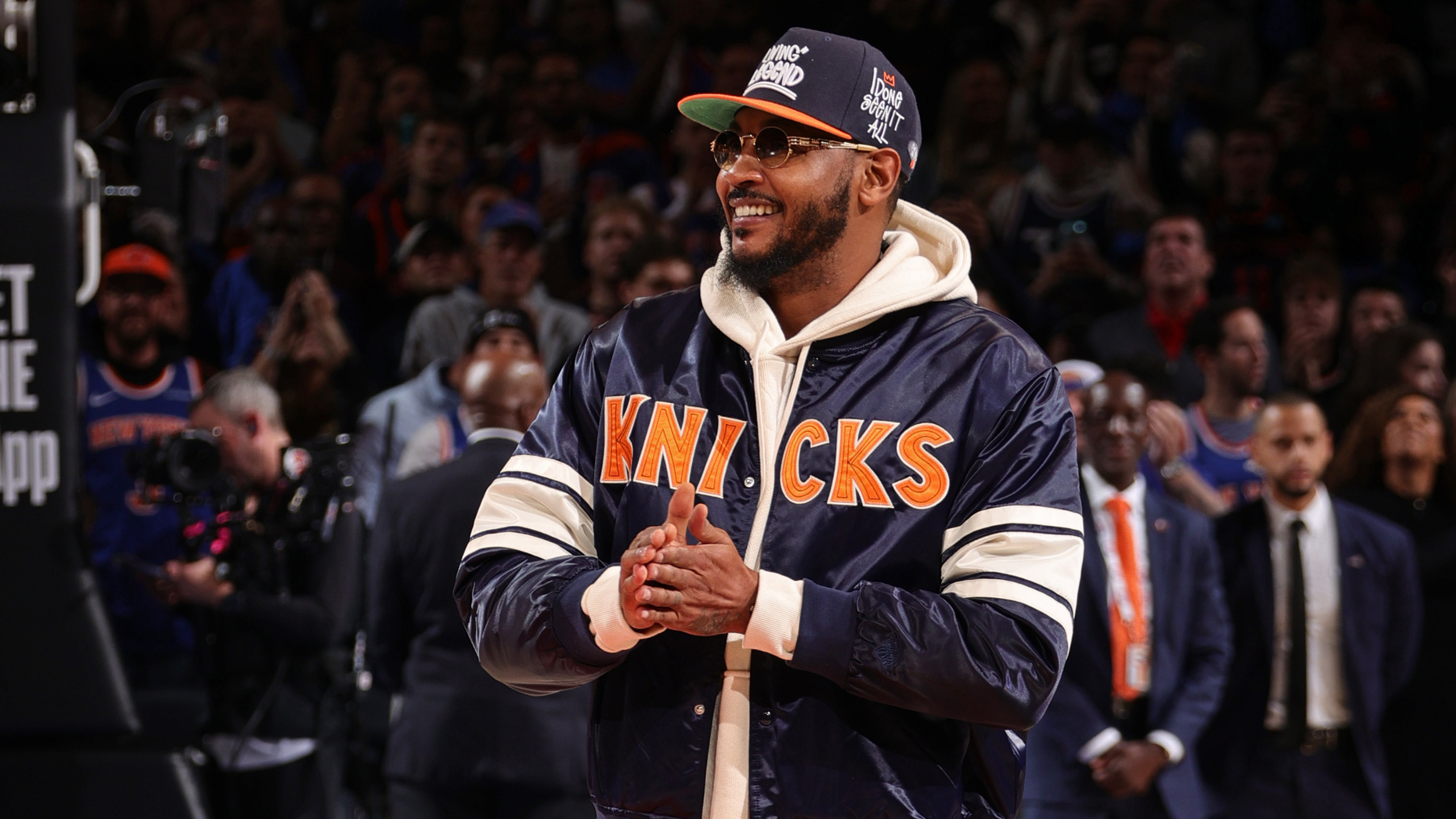 Carmelo Anthony attends the game between the Cleveland Cavaliers and New York Knicks on October 22, 2025 at Madison Square Garden in New York City, New York.