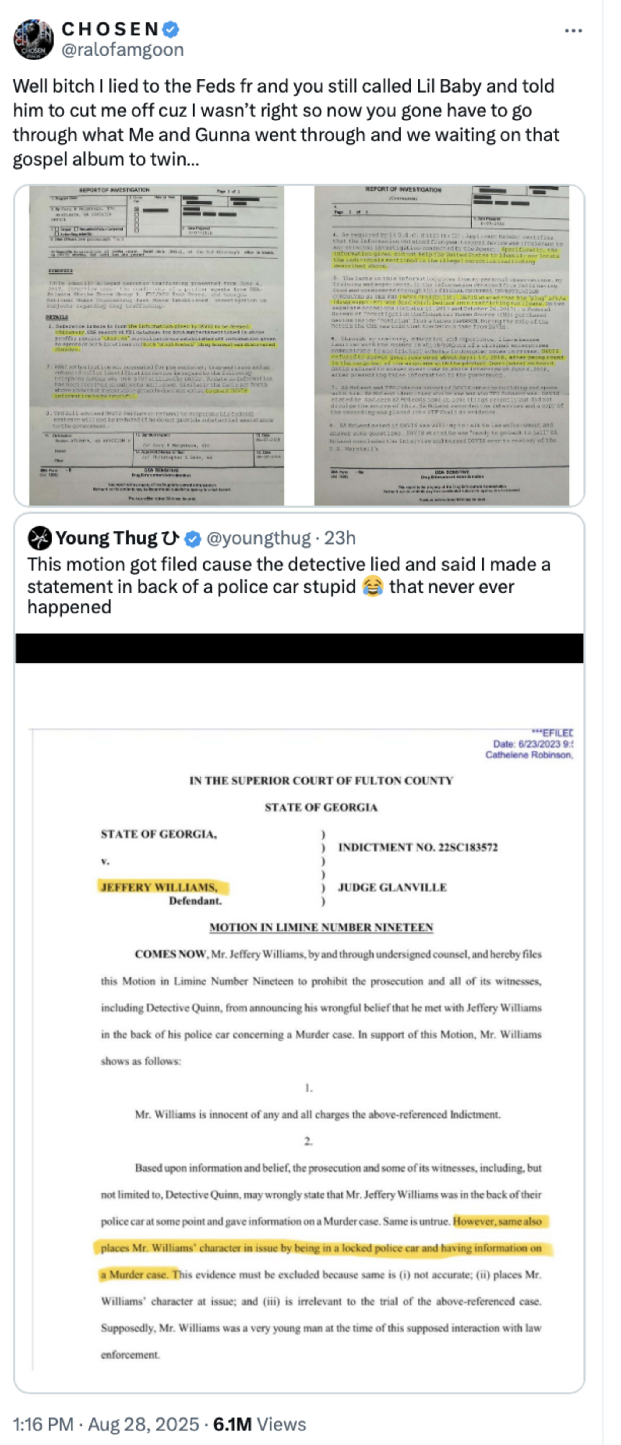A tweet by @ralofamgoon includes text and highlighted investigation documents. Below, a tweet from @youngthug references a legal motion.