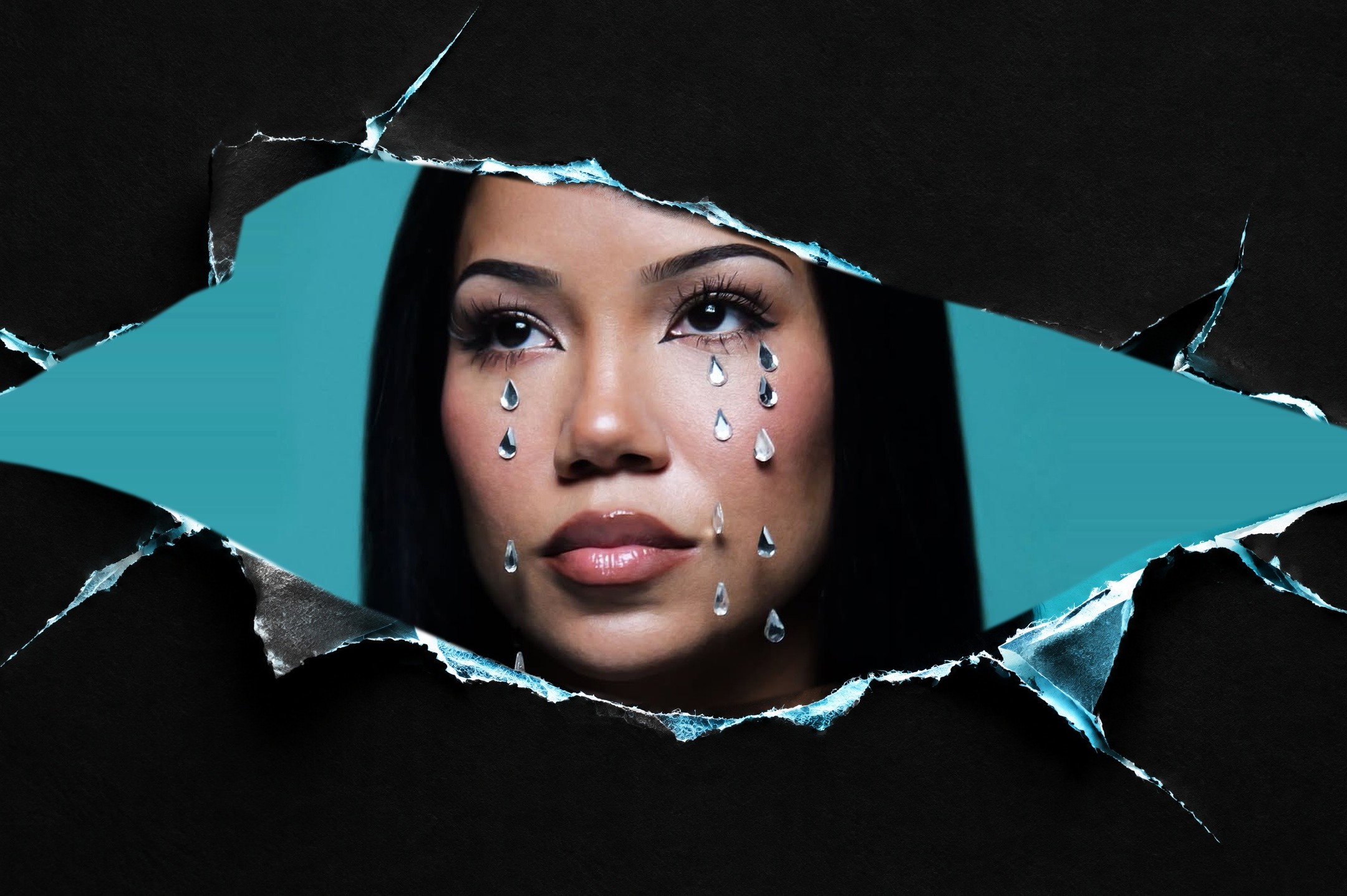 A woman with teardrop designs on her face looks through a torn paper opening, set against a blue background.