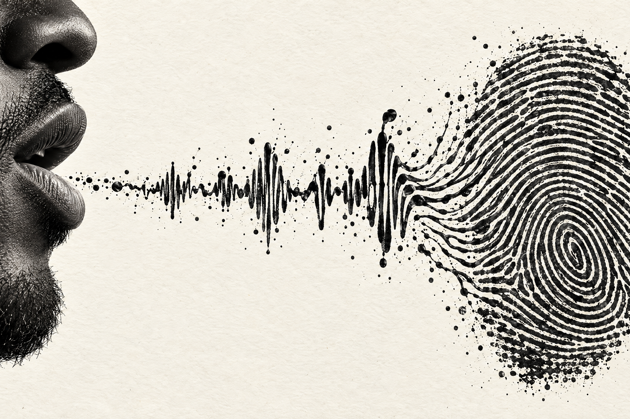 A person's mouth is shown speaking, with sound waves transforming into a fingerprint pattern, symbolizing voice recognition technology.