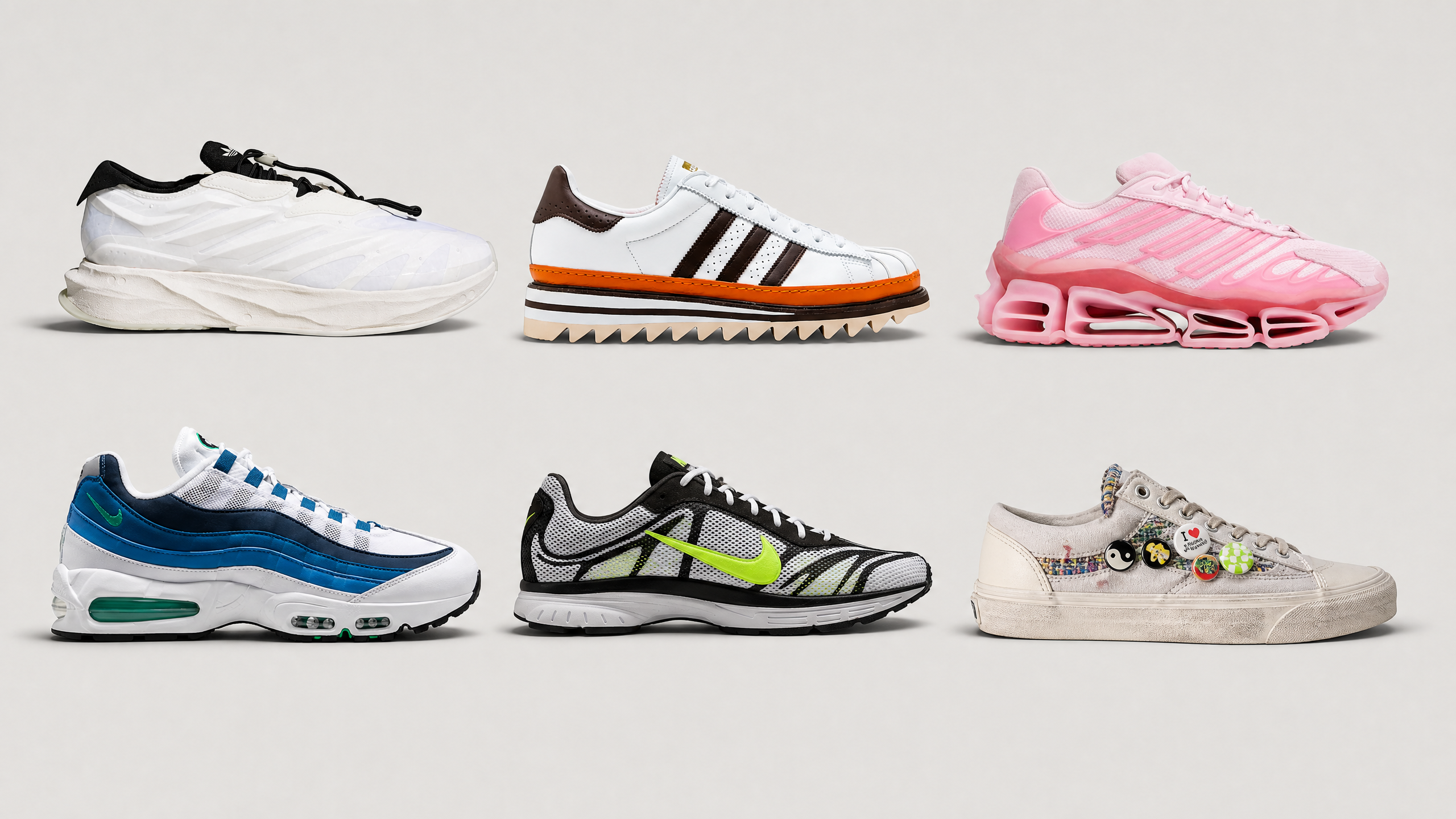 A collection of six sneakers in various styles and colors, including white, pink, blue, and black with distinct designs.