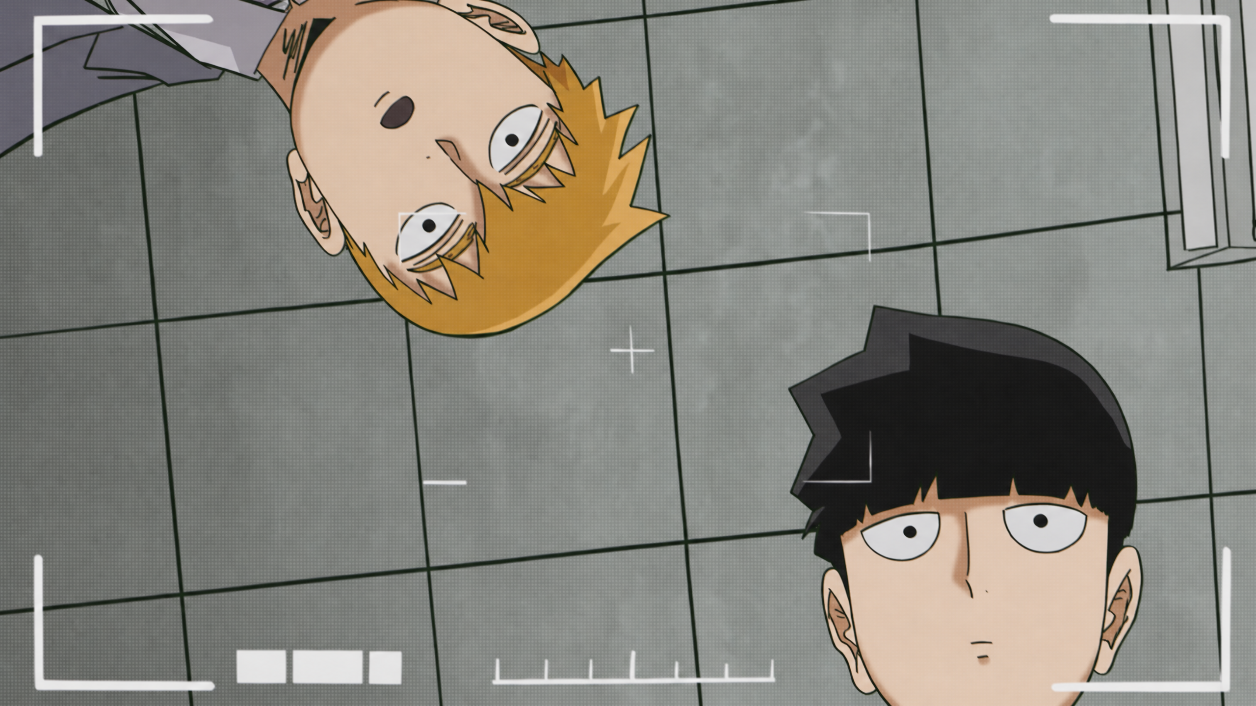 Animated characters Mob and Reigen from "Mob Psycho 100" look down at the camera, framed by a digital overlay.
