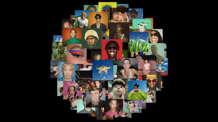 A collage of diverse people and objects, including close-ups and colorful backgrounds, arranged in a circular pattern on a black background.