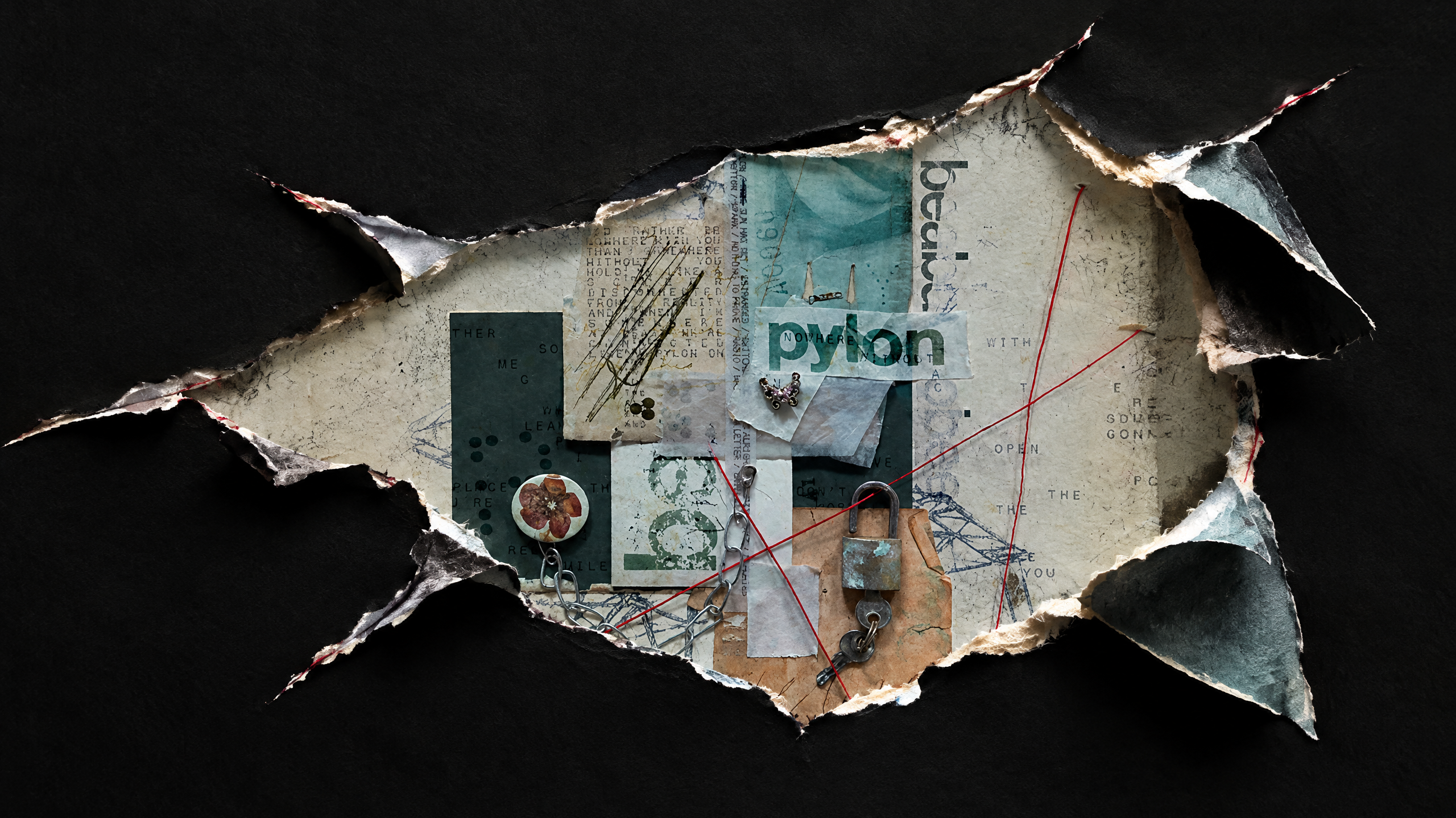 A torn paper collage with various elements, including a map, text, and abstract shapes, on a black background.
