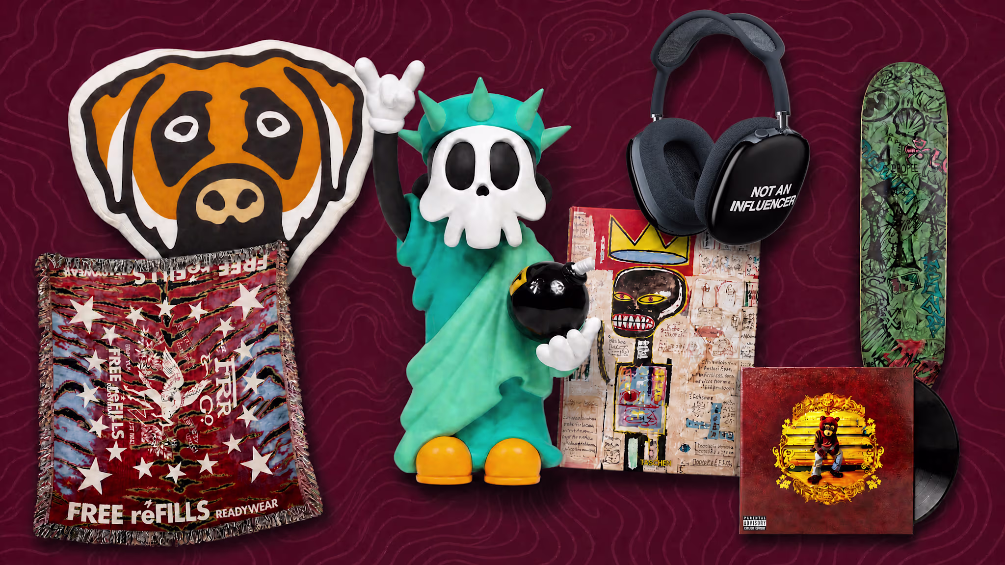 A collection of eclectic items including a dog face pillow, skull statue, headphones, skateboard, art pieces, and a vinyl record.