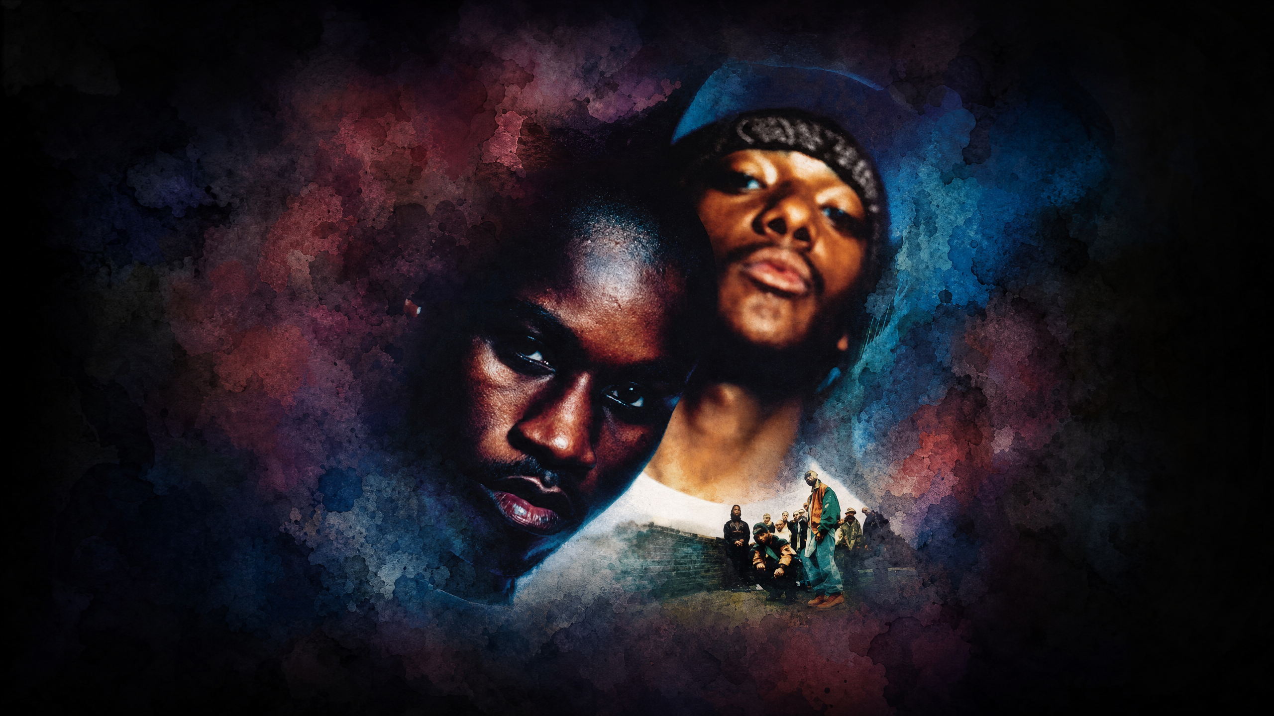 Abstract artwork featuring two men with serious expressions, surrounded by a colorful, smoky background.