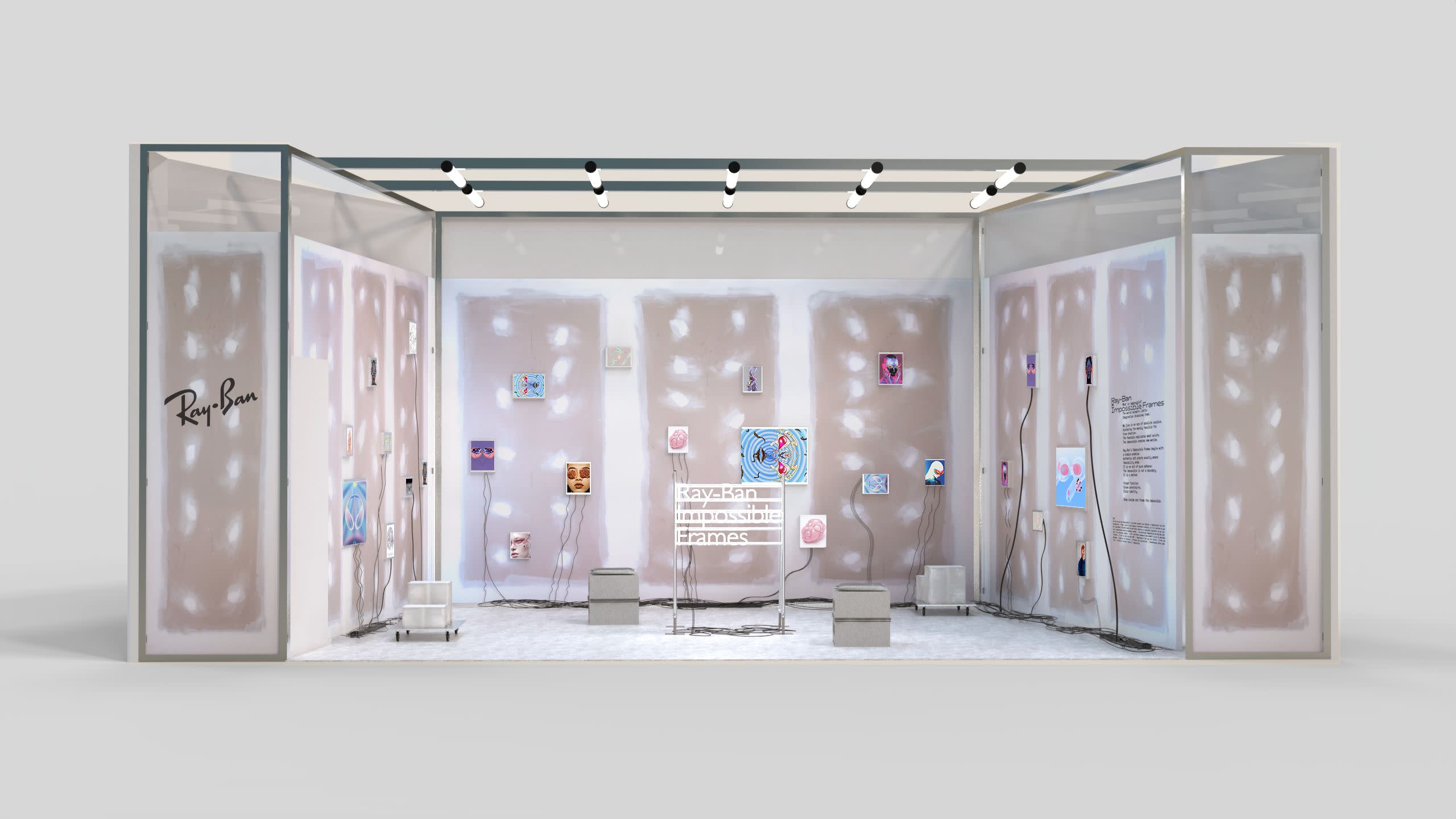 A modern exhibition booth with Ray-Ban branding, featuring abstract art pieces on illuminated walls and a neon sign in the center.