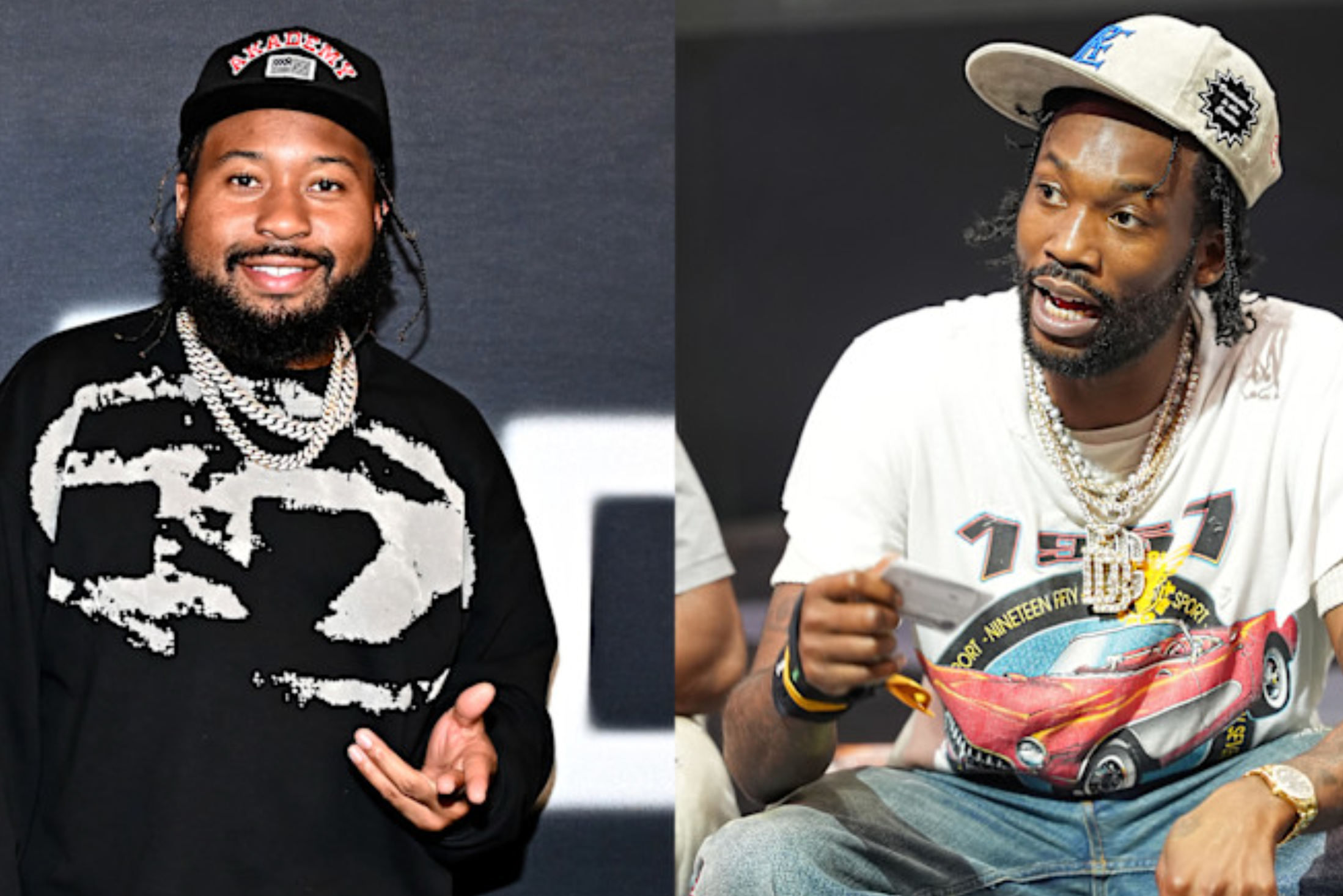 Two men are pictured. DJ Akademiks, on the left, wears a black shirt and cap, smiling. Meek Mill, on the right, wears a white graphic tee and cap, speaking animatedly.