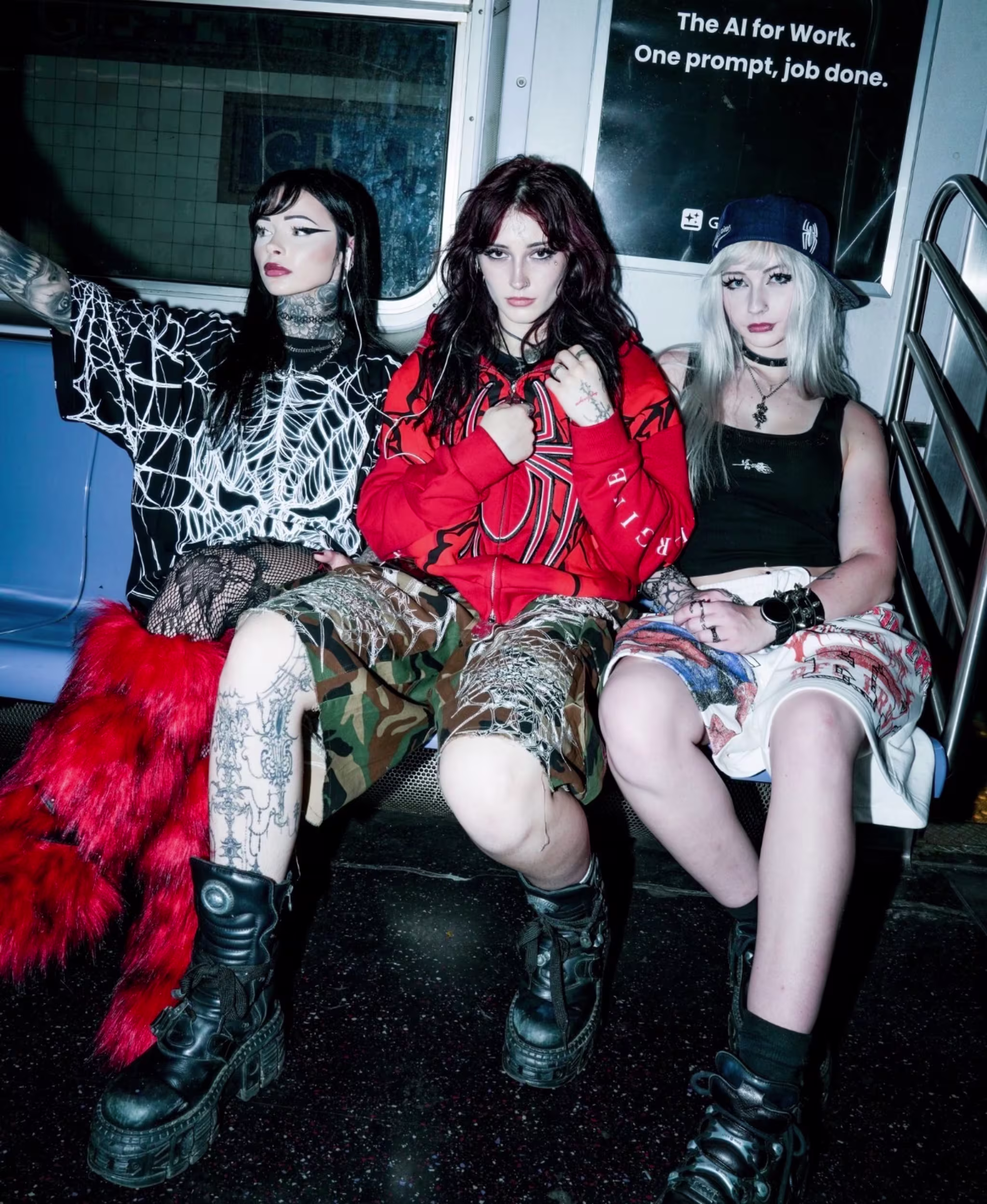 Three people in edgy streetwear sit on a subway bench. They wear bold outfits with patterns, boots, and accessories.
