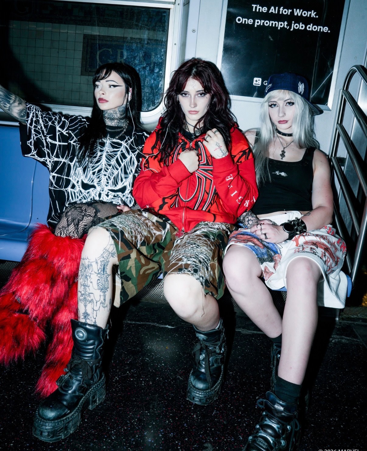 Three people in edgy streetwear sit on a subway bench. They wear bold outfits with patterns, boots, and accessories.