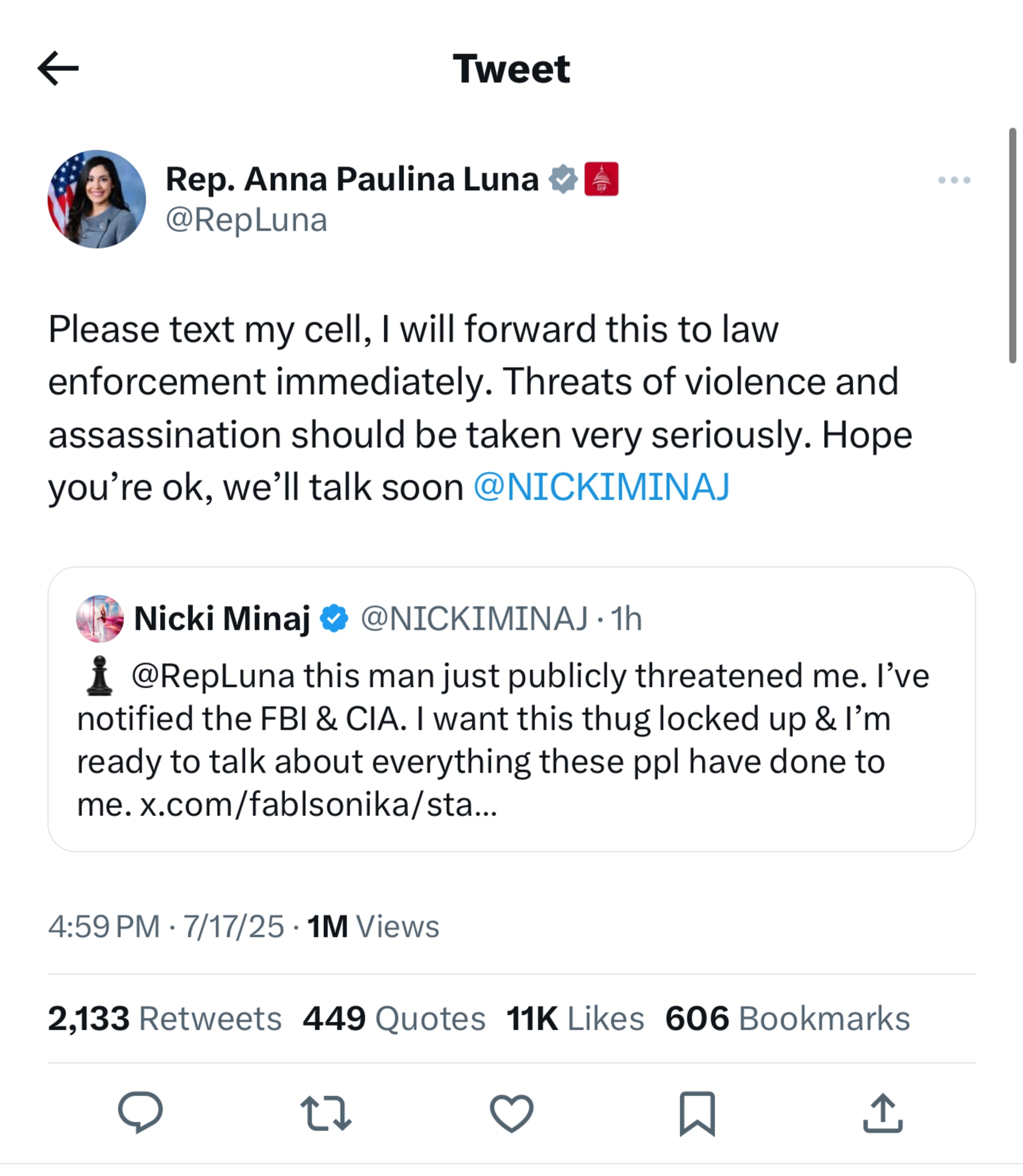 Tweet by Rep. Anna Paulina Luna responding to Nicki Minaj about a threat. Minaj mentions notifying FBI & CIA.