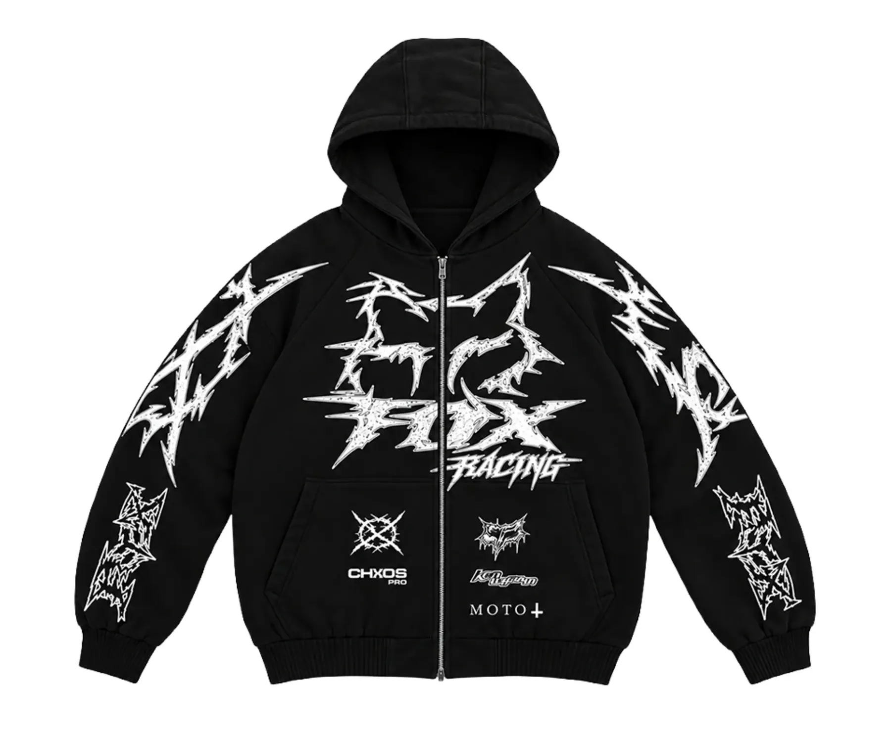 Black hoodie with white abstract graphics and text, including "RACING," "CHXOS," "MOTO+," and "Icecream."