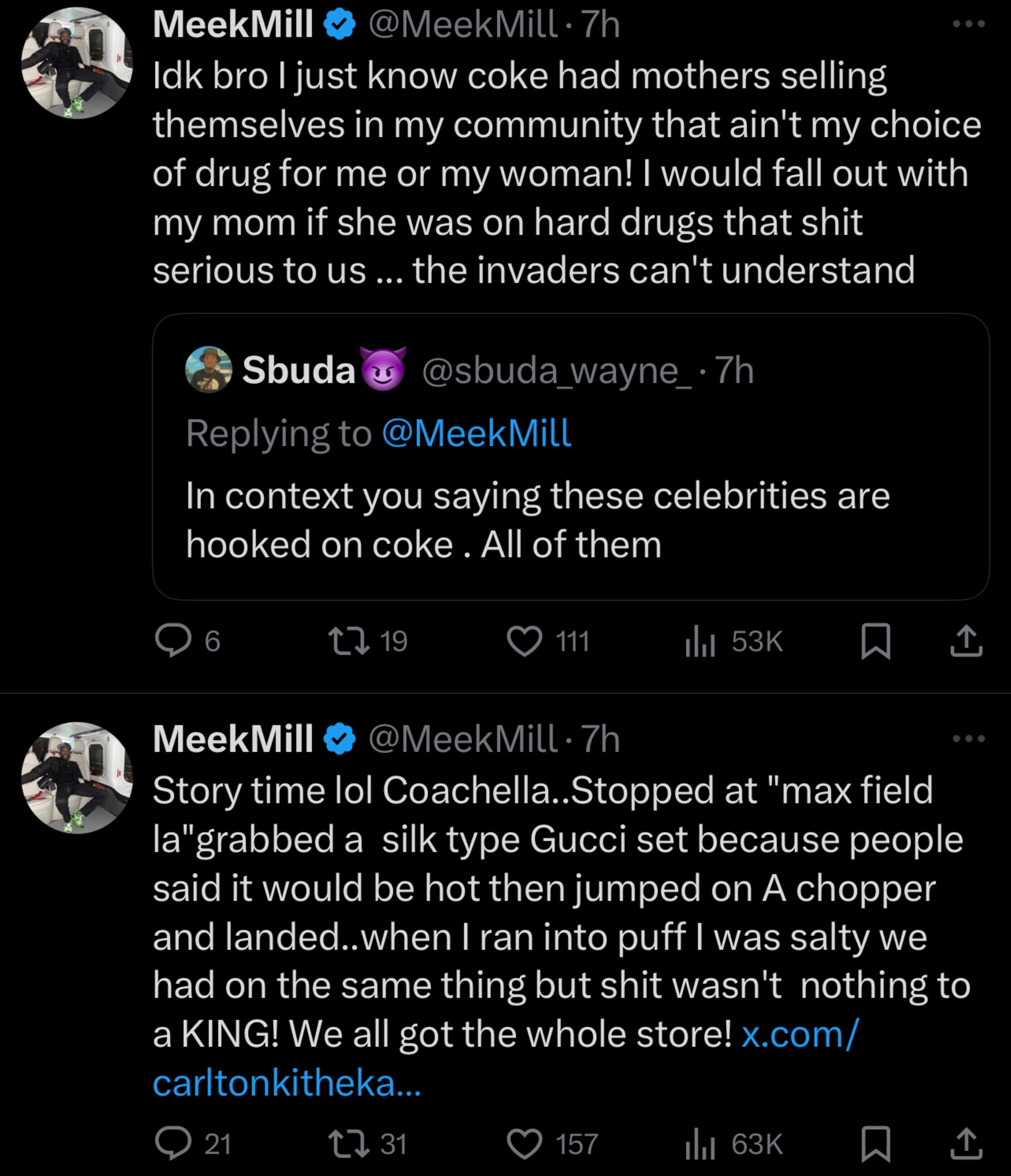 Tweets from Meek Mill discussing drug issues in his community and a story about shopping at Coachella, mentioning "puff."