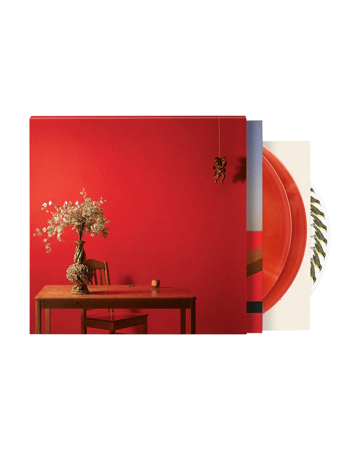 A red vinyl record with a cover featuring a red room, a wooden table, a chair, a vase with flowers, and a small hanging object.