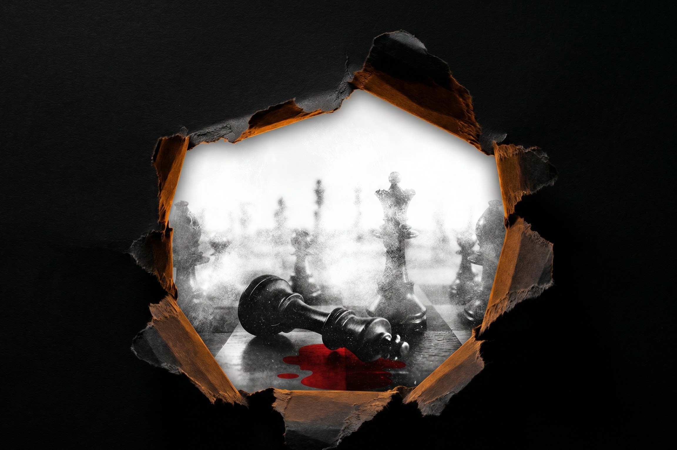 A torn paper reveals a black and white chess scene with a fallen king piece and a red stain, symbolizing defeat or drama.