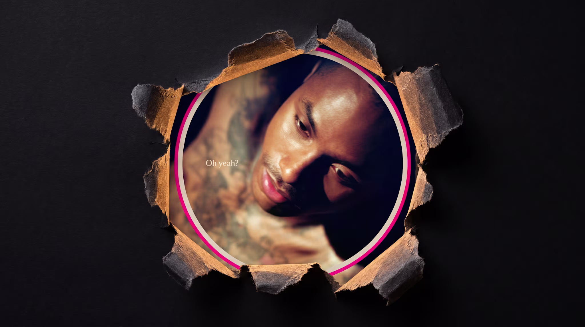 Steve Lacey is seen through a torn paper hole, with the words "Oh yeah?" next to them. The background is dark. This is the cover of his third studio album
