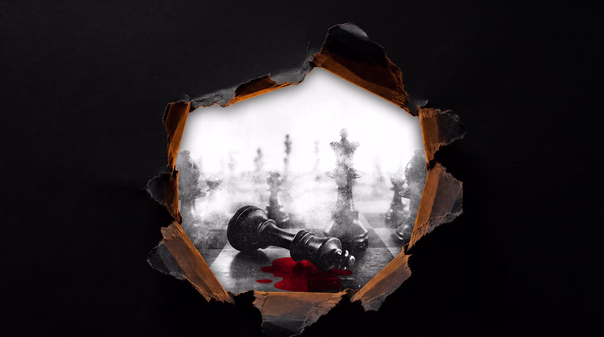 A torn black paper reveals a chessboard with fallen king piece and red stain, surrounded by blurred chess pieces in the background.