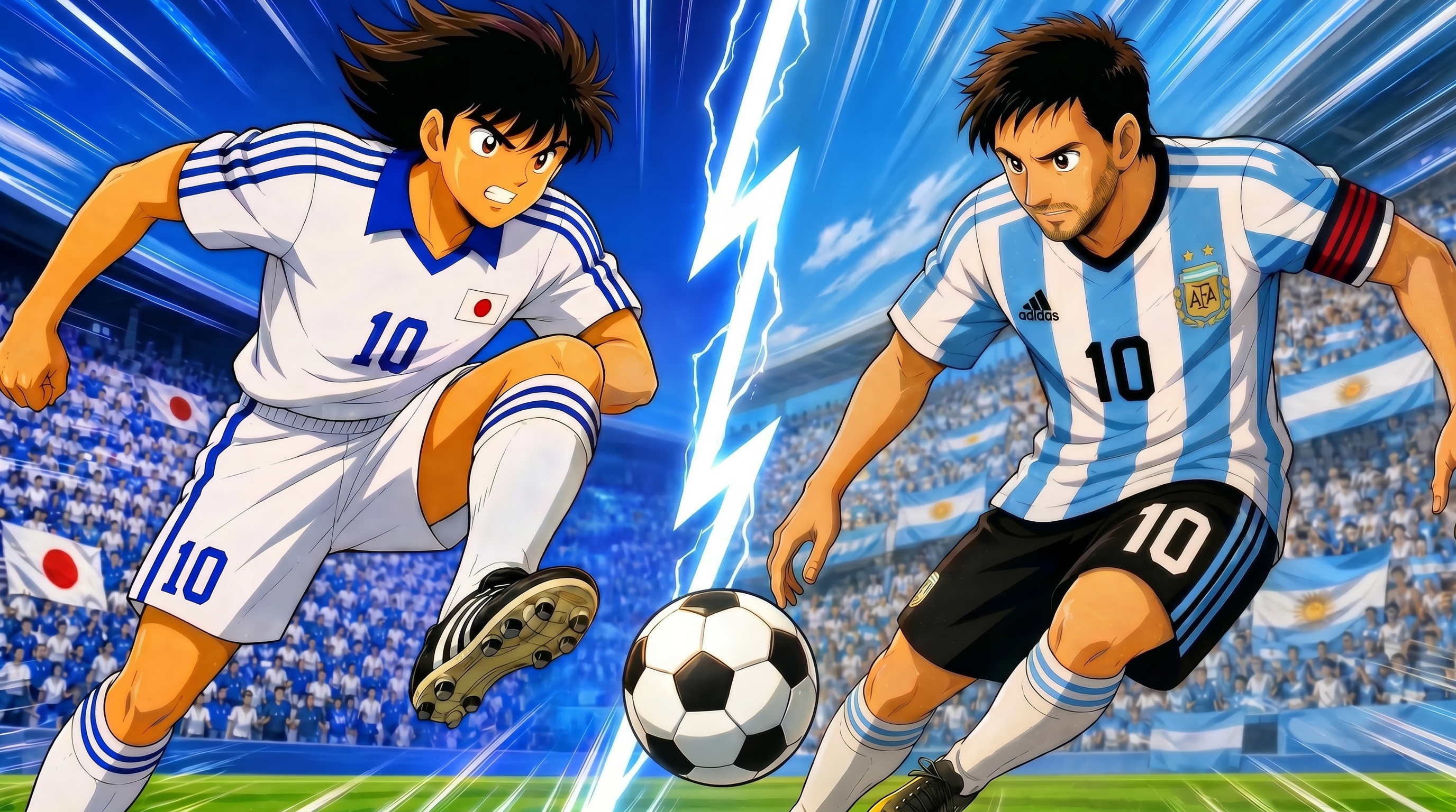 Anime-style soccer players facing off, one in a Japanese uniform and the other in an Argentinian uniform, both wearing number 10.