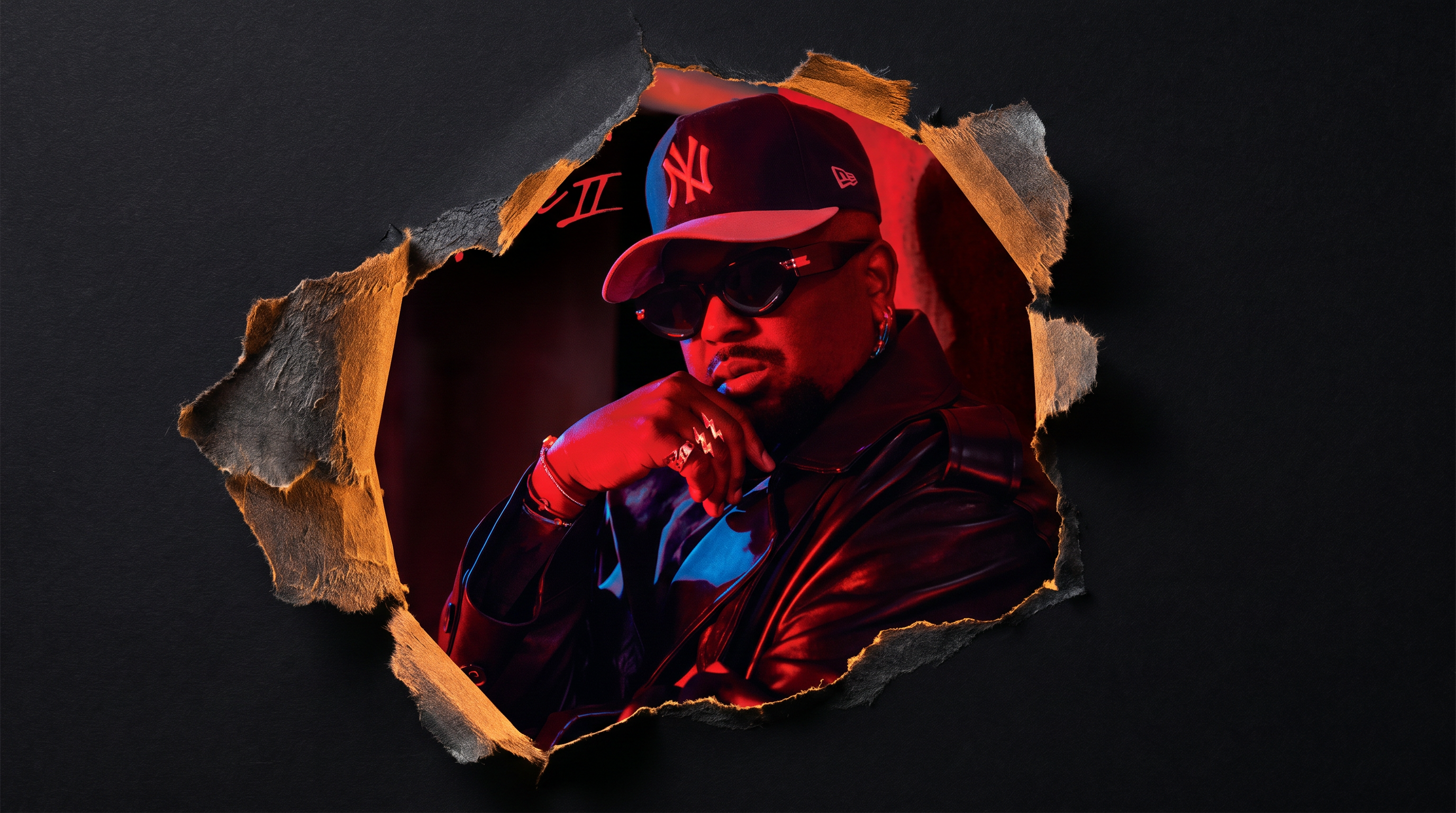 A person in a leather jacket and sunglasses, wearing a New York Yankees cap, seen through a torn paper effect with red lighting.