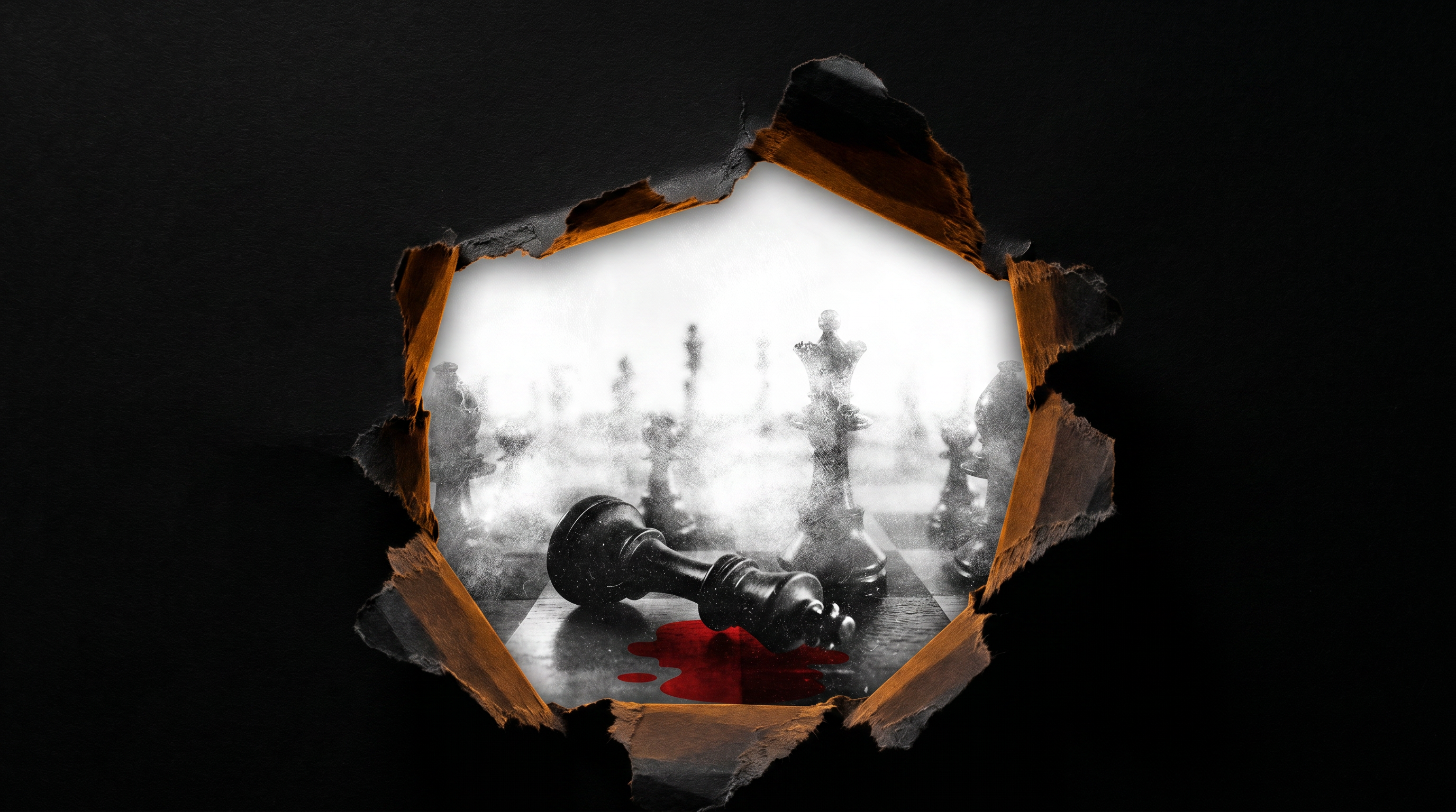 A torn black paper reveals a chessboard with fallen king piece and red stain, surrounded by blurred chess pieces in the background.