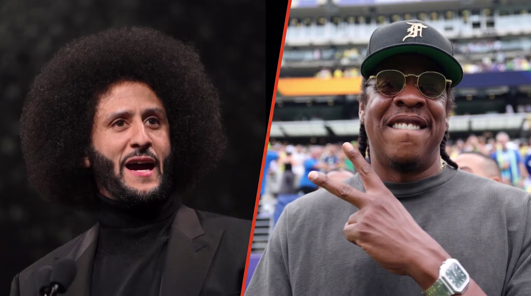 Colin Kaepernick speaks at an event. Jay-Z attends the FIFA World Cup match between Brazil and Norway. 