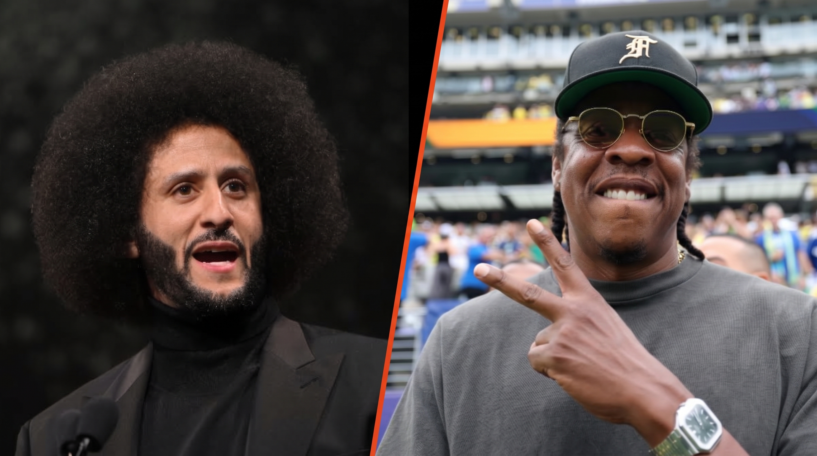Colin Kaepernick speaks at an event. Jay-Z attends the FIFA World Cup match between Brazil and Norway. 
