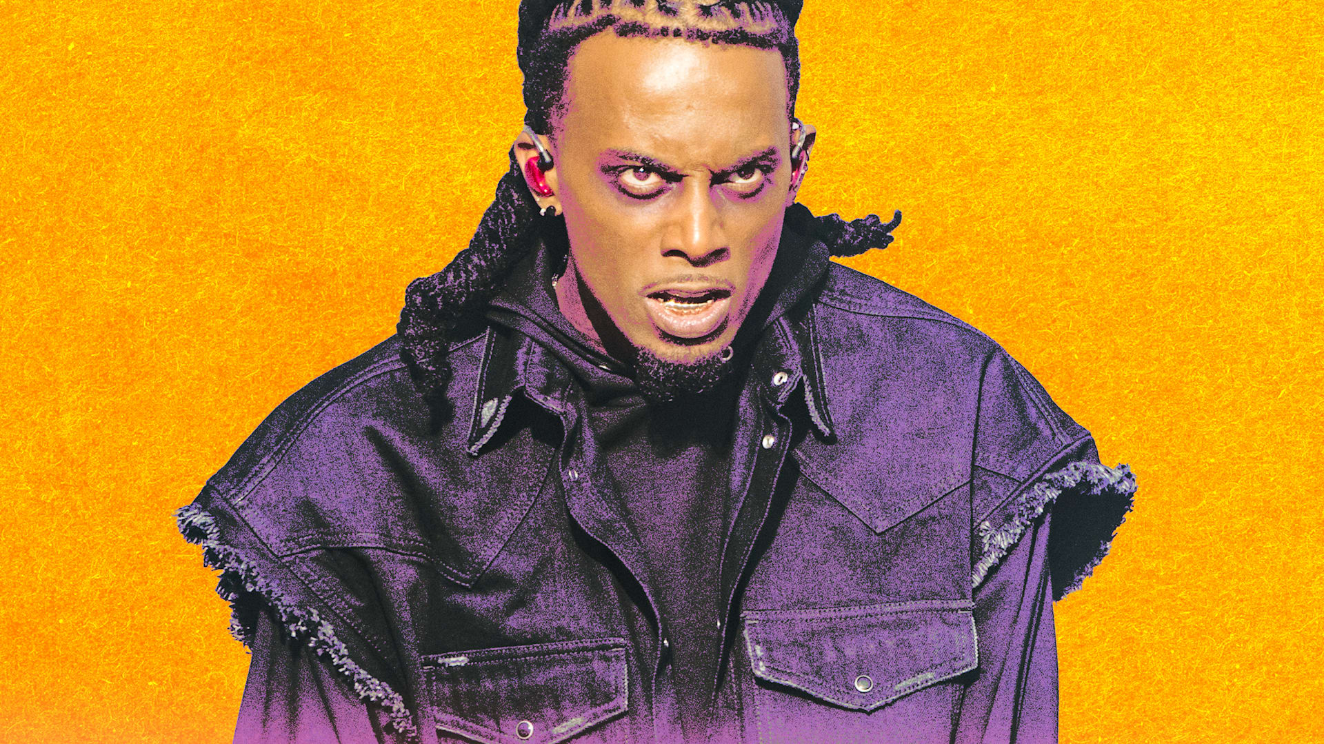 Playboi Carti with braided hair and intense expression, wearing a dark jacket, against an orange background.