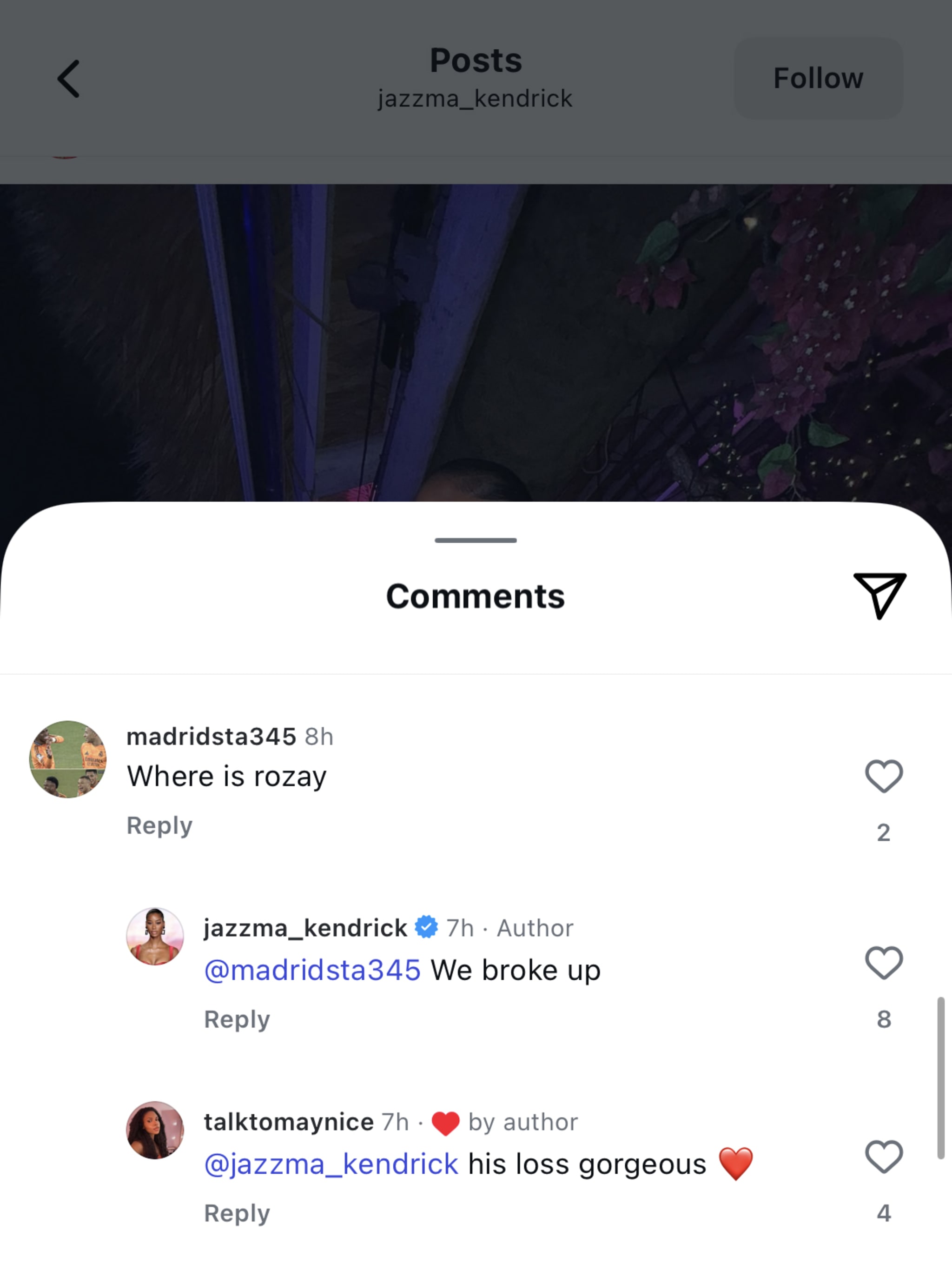 Screenshot of Instagram comments discussing a breakup, with supportive replies.
