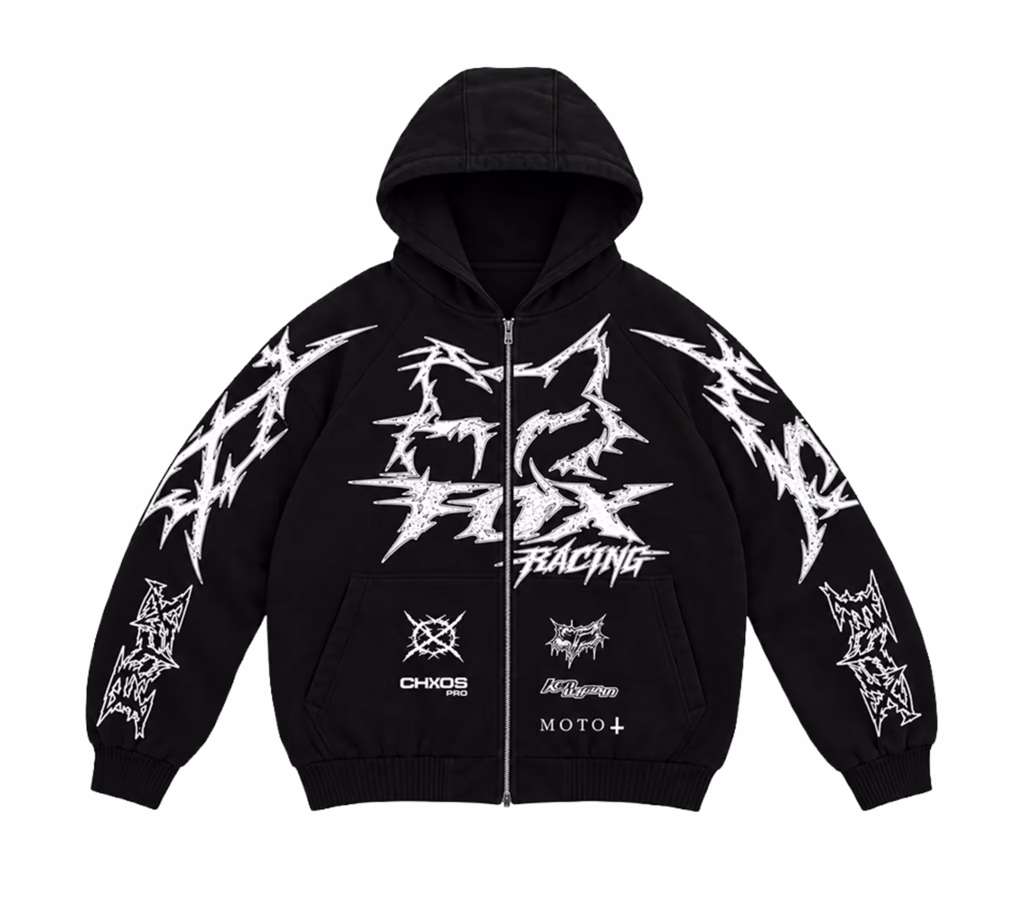 Black hoodie with bold white graphic designs and text, including "RACING," "CHXOS," and "MOTO+."