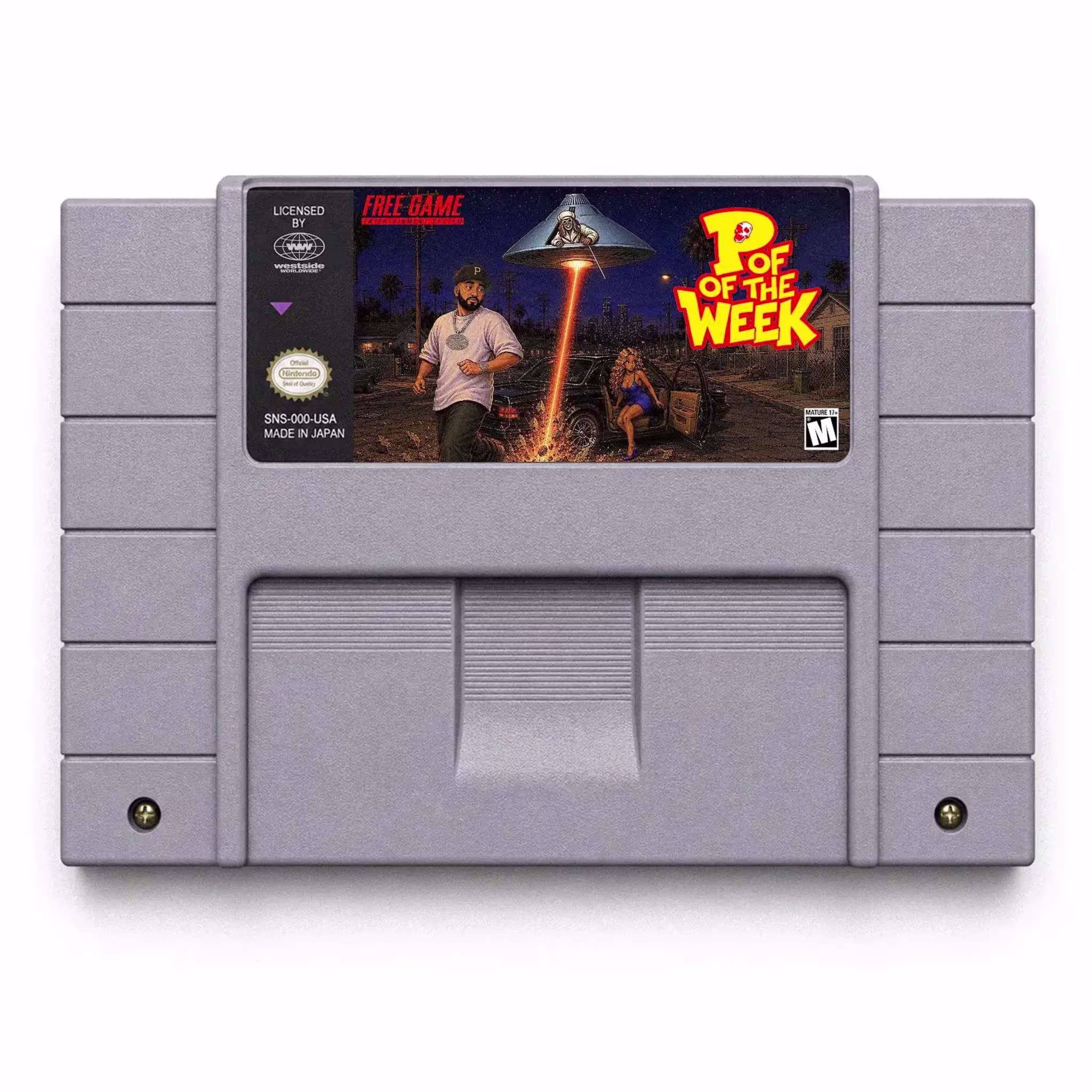 A retro game cartridge labeled "P of the Week" featuring an illustrated scene with a UFO, a man running, and a woman by a car.
