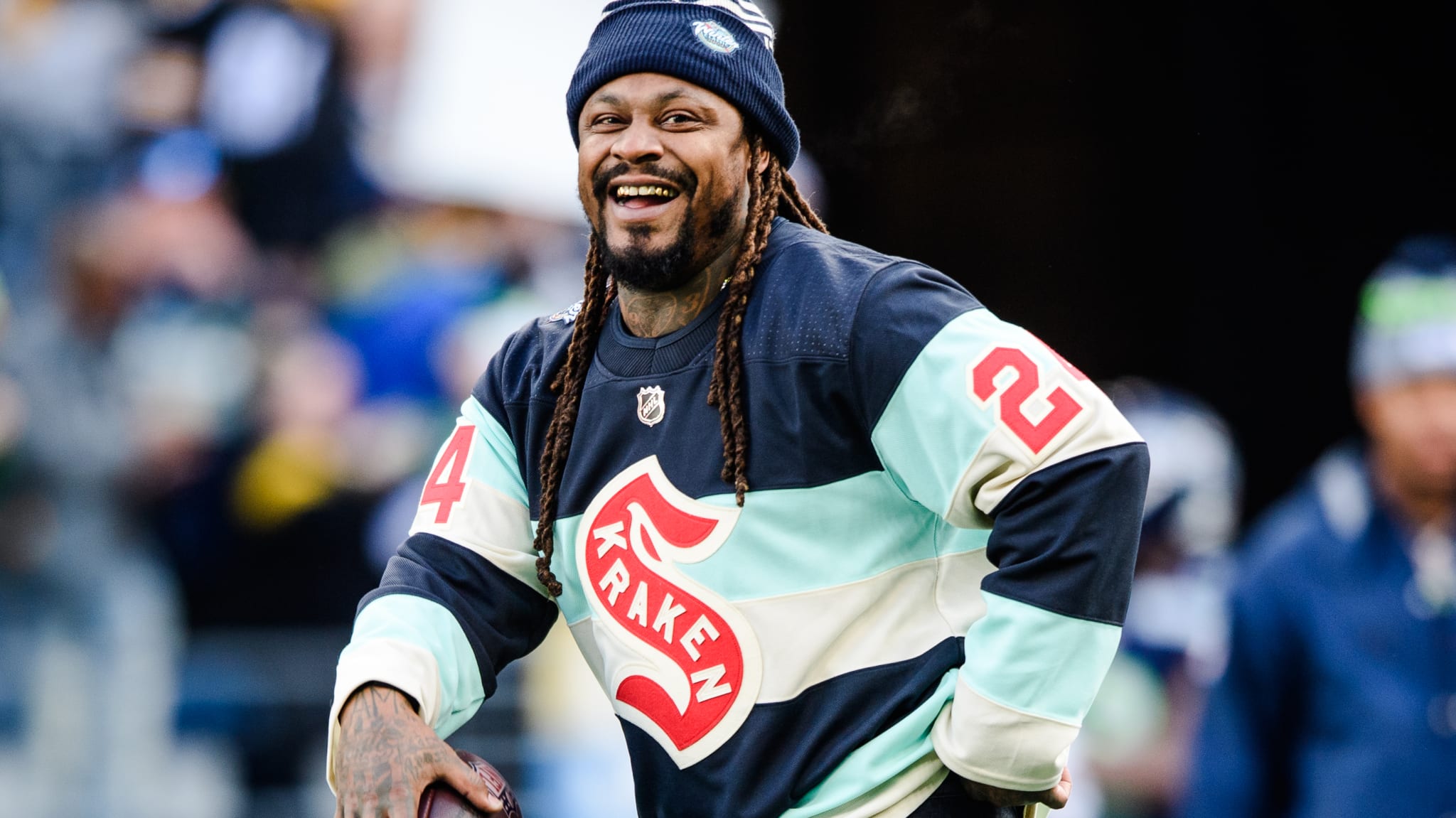 Former Seattle Seahawk Marshawn Lynch looks on before the game against the Pittsburgh Steelers at Lumen Field on December 31, 2023 in Seattle, Washington.