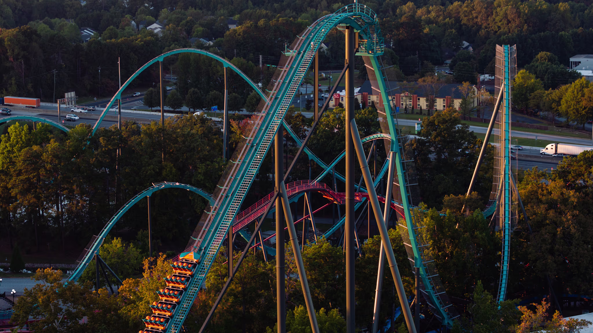In this aerial view, The train of the Goliath roller coaster is seen on the track where it was evacuated at Six Flags over Georgia on October 14, 2026 in Austell, Georgia.