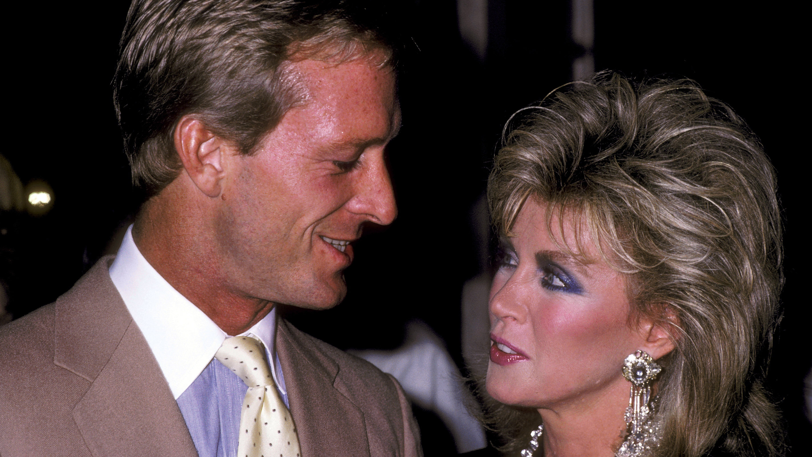 Actors Ted Shackelford and Donna Mills attend the Party For Donna Mills' Beauty Video "Donna Mills The Eyes Have It" on September 11, 1986 at Le Dome Restaurant in West Hollywood, California.