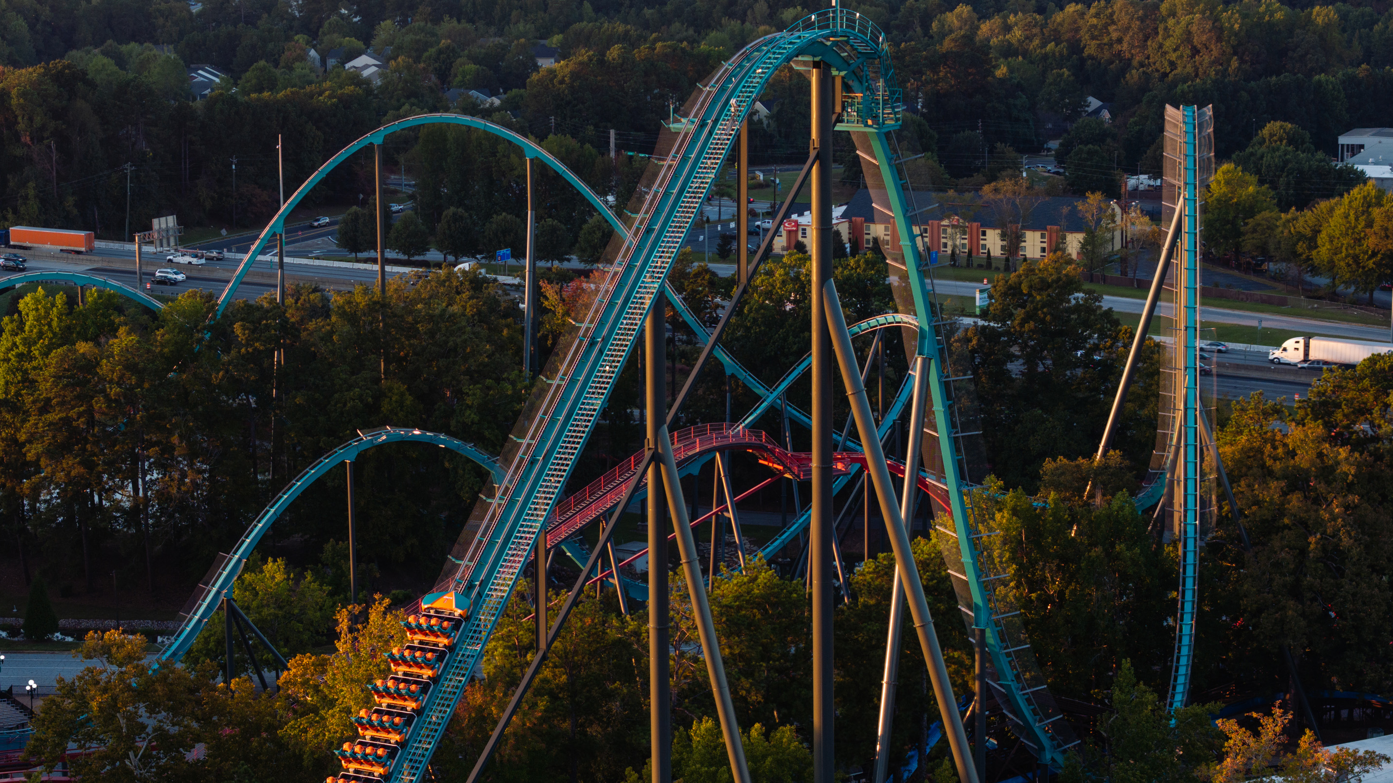 In this aerial view, The train of the Goliath roller coaster is seen on the track where it was evacuated at Six Flags over Georgia on October 14, 2026 in Austell, Georgia.