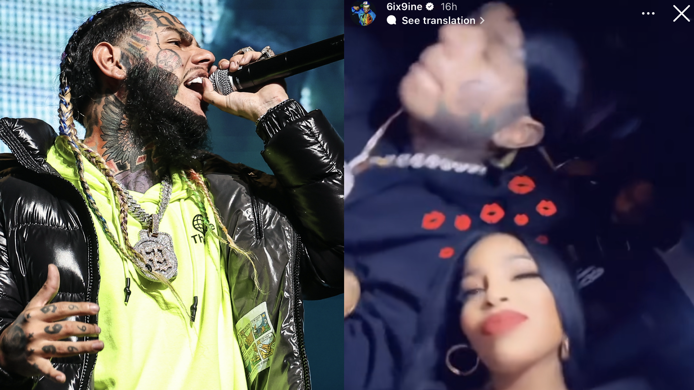 (L) Rapper Tekashi 6ix9ine performs during the MiamiBash 2021 at FTX Arena on December 17, 2021 in Miami, Florida. (R) Tekashi 6ix9ine and Ariella La Langosta in a car.