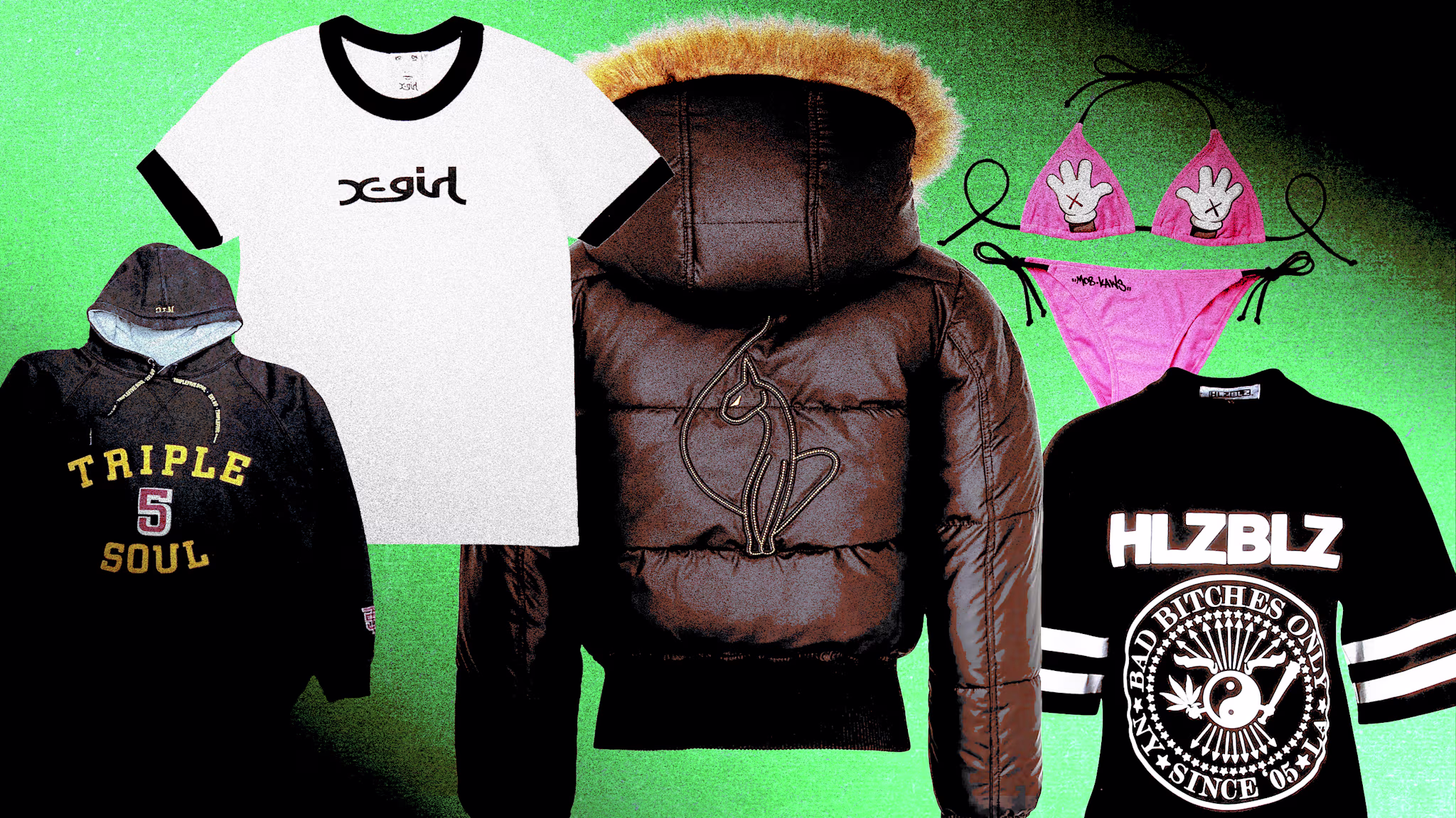 Some of the items that define women's streetwear include hoodies from Triple 5 Soul, ringer tees from X-Girl, coats from Baby Phat, bikinis from Married to the Mob, and T-shirts from HLZ BLZ.