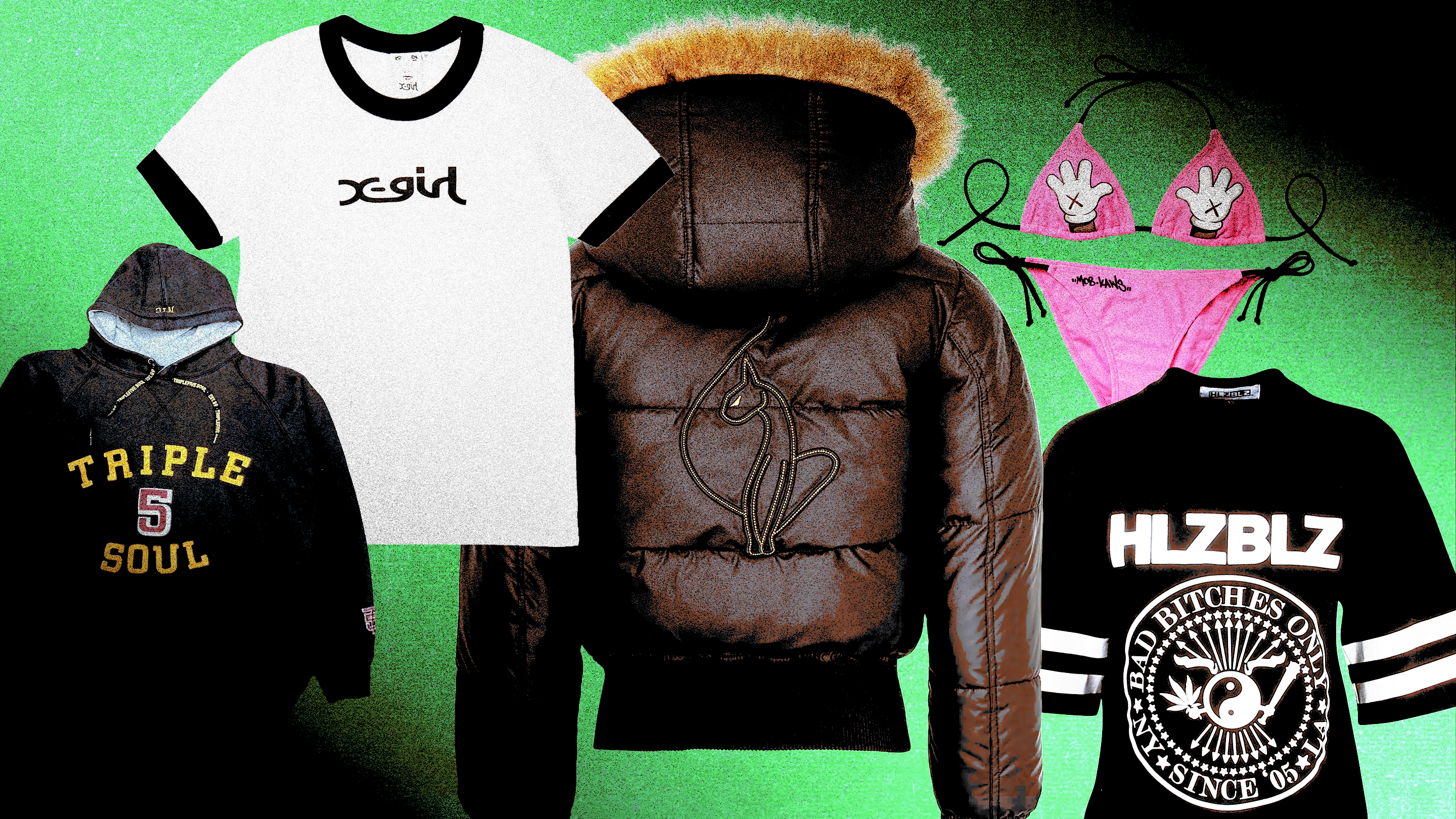 Some of the items that define women's streetwear include hoodies from Triple 5 Soul, ringer tees from X-Girl, coats from Baby Phat, bikinis from Married to the Mob, and T-shirts from HLZ BLZ.