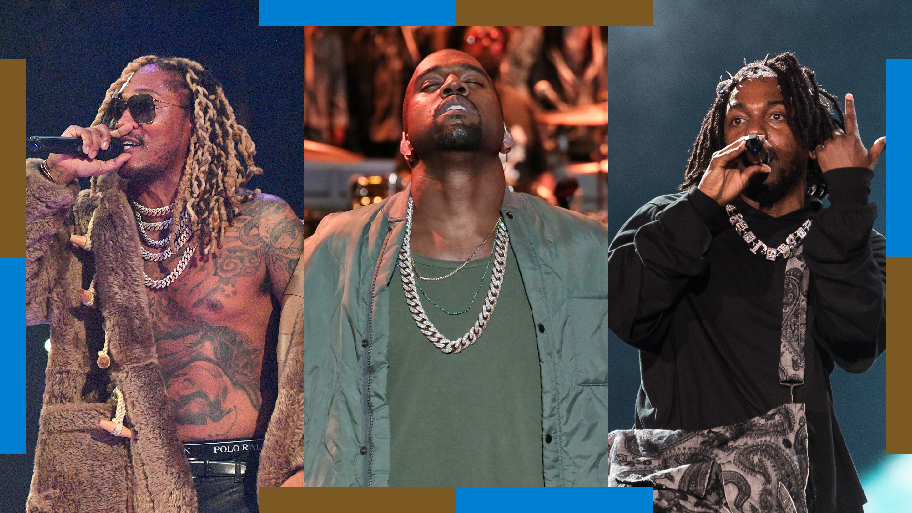 Three musicians performing: Future with sunglasses and tattoos, Kanye West wearing a green jacket, and Kendrick Lamar in a black outfit.