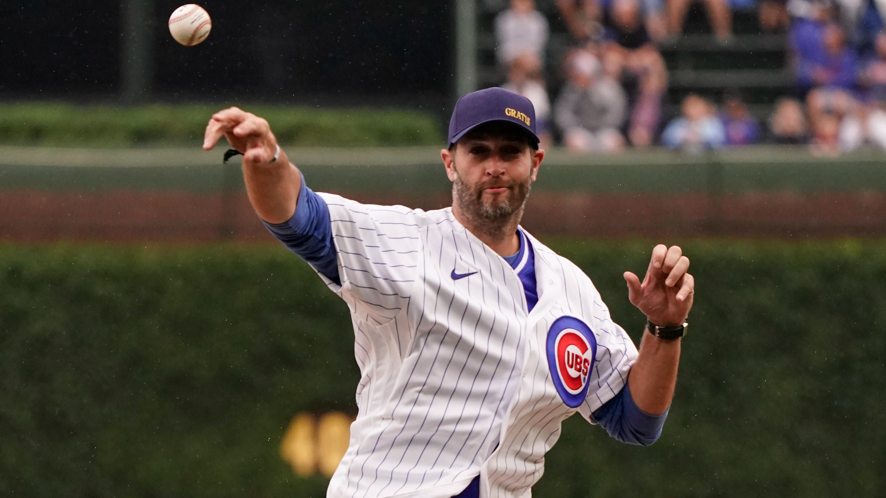  Former Chicago Bears quarterback Jay Cutler throws the ceremonial first pitch of the game between the Chicago Cubs and the Cleveland Guardians at Wrigley Field on July 02, 2023 in Chicago, Illinois. 