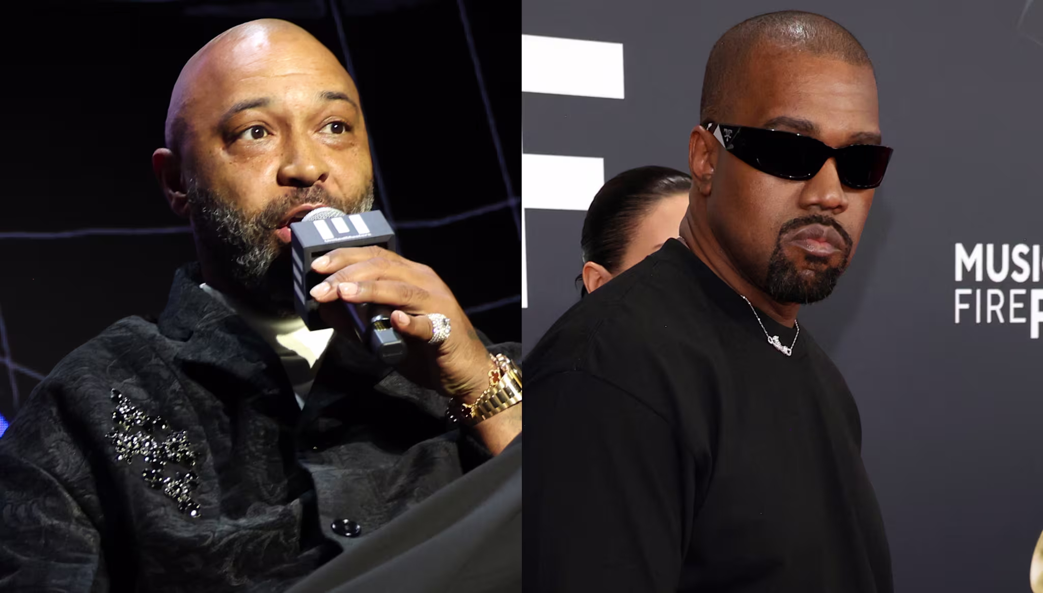 (L) Joe Budden speaking into a mic. (R) Kanye West wearing sunglasses.