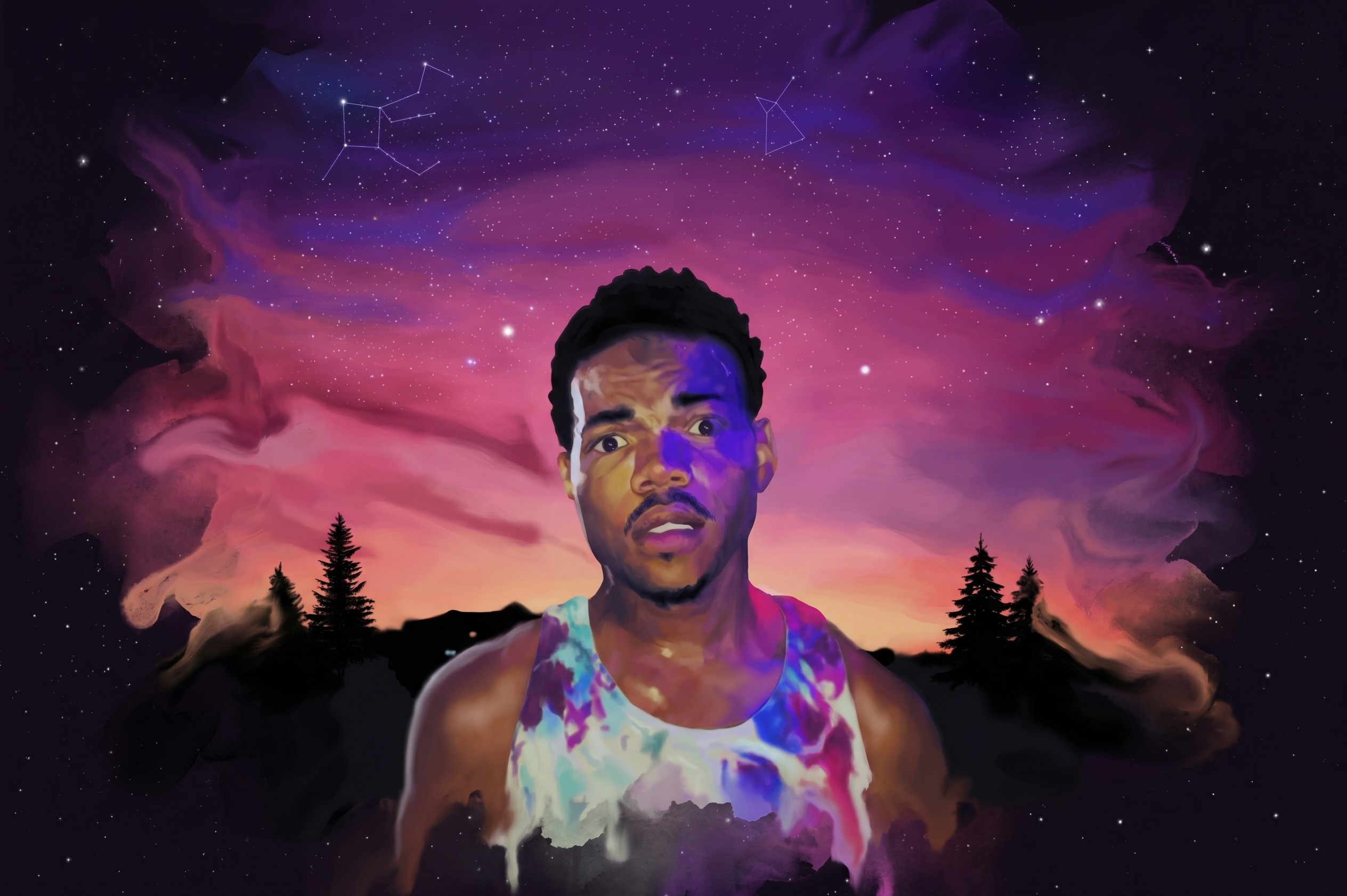 A colorful illustration of a man against a vibrant, starry sky with constellations and silhouetted trees.