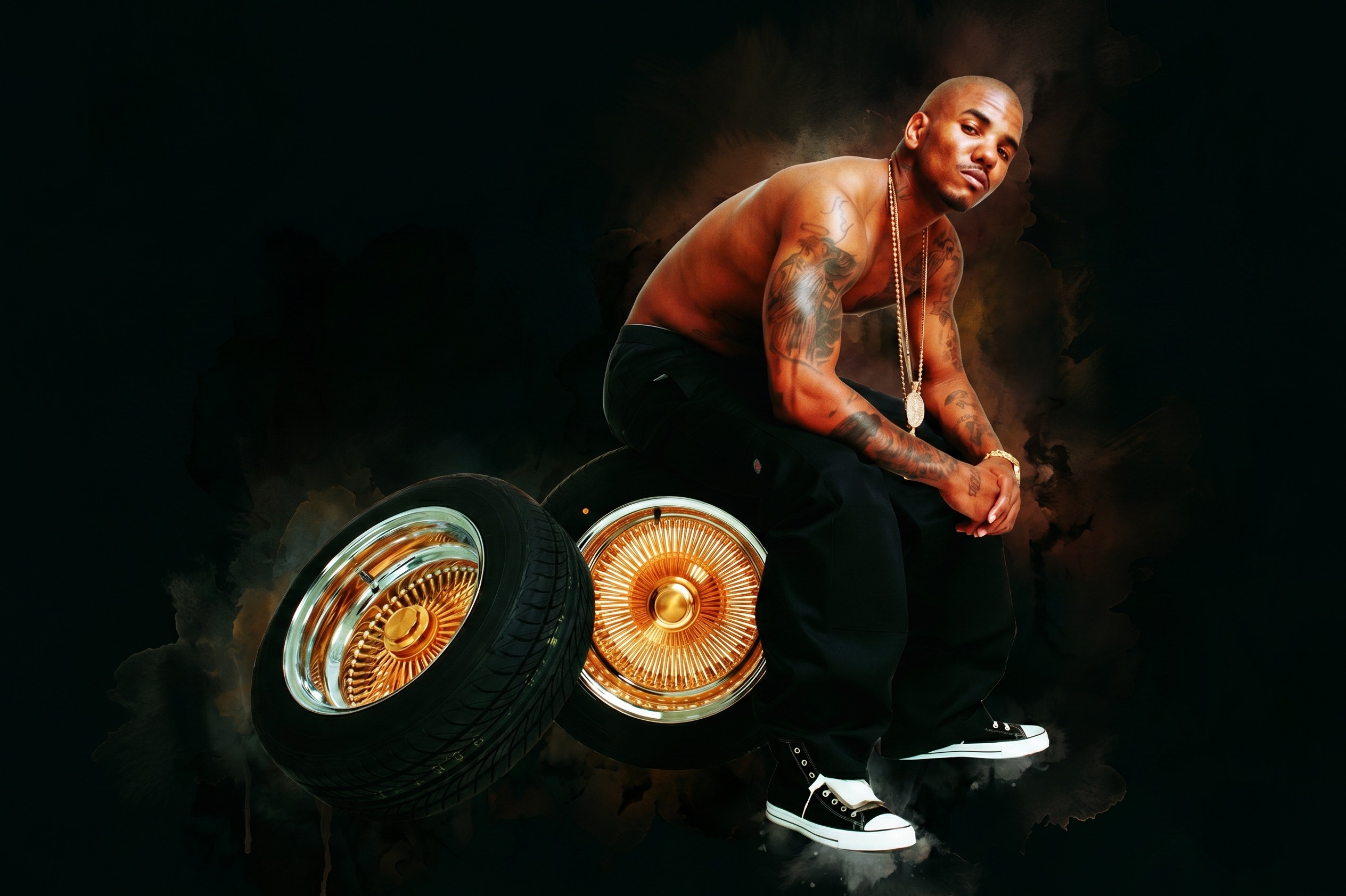A shirtless man with tattoos sits on large golden car rims against a dark background, wearing black pants and sneakers.