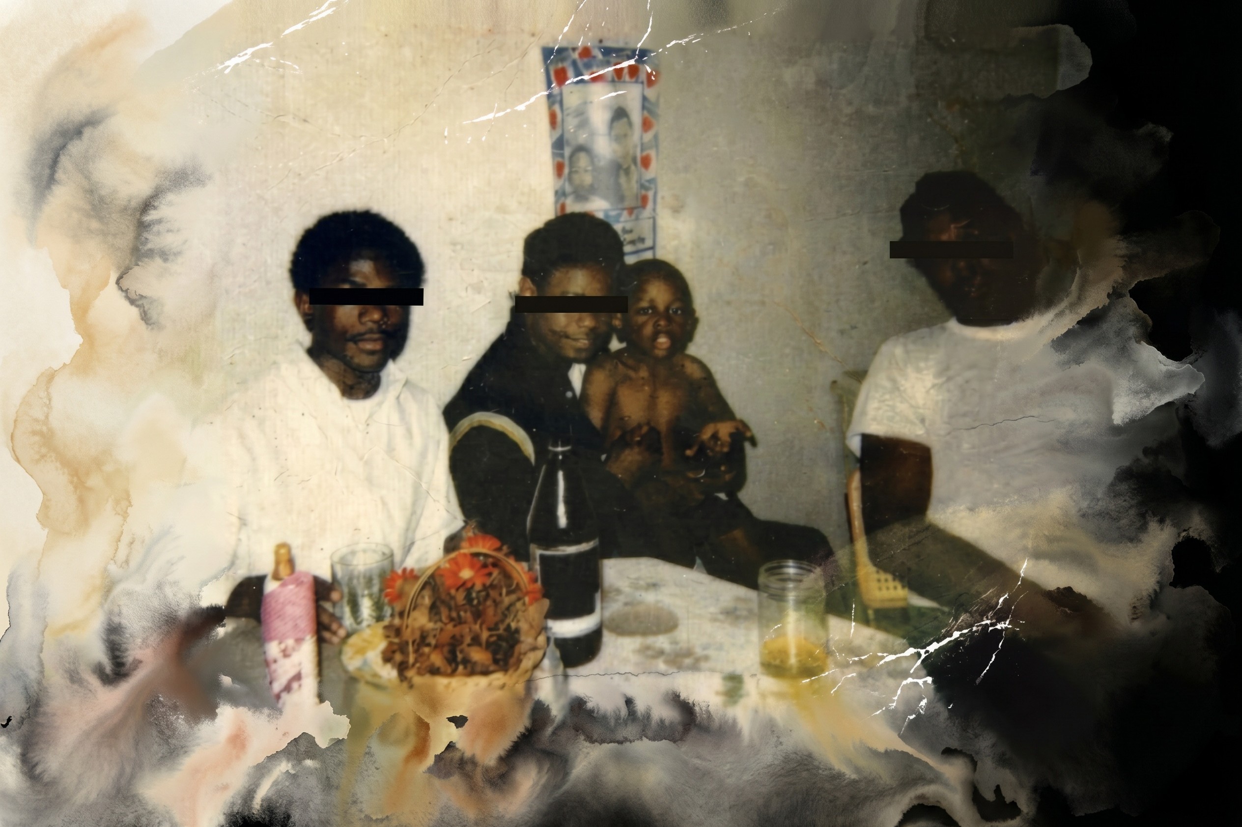 A vintage photo of four people sitting at a table with drinks and a centerpiece. The image is aged and partially damaged.
